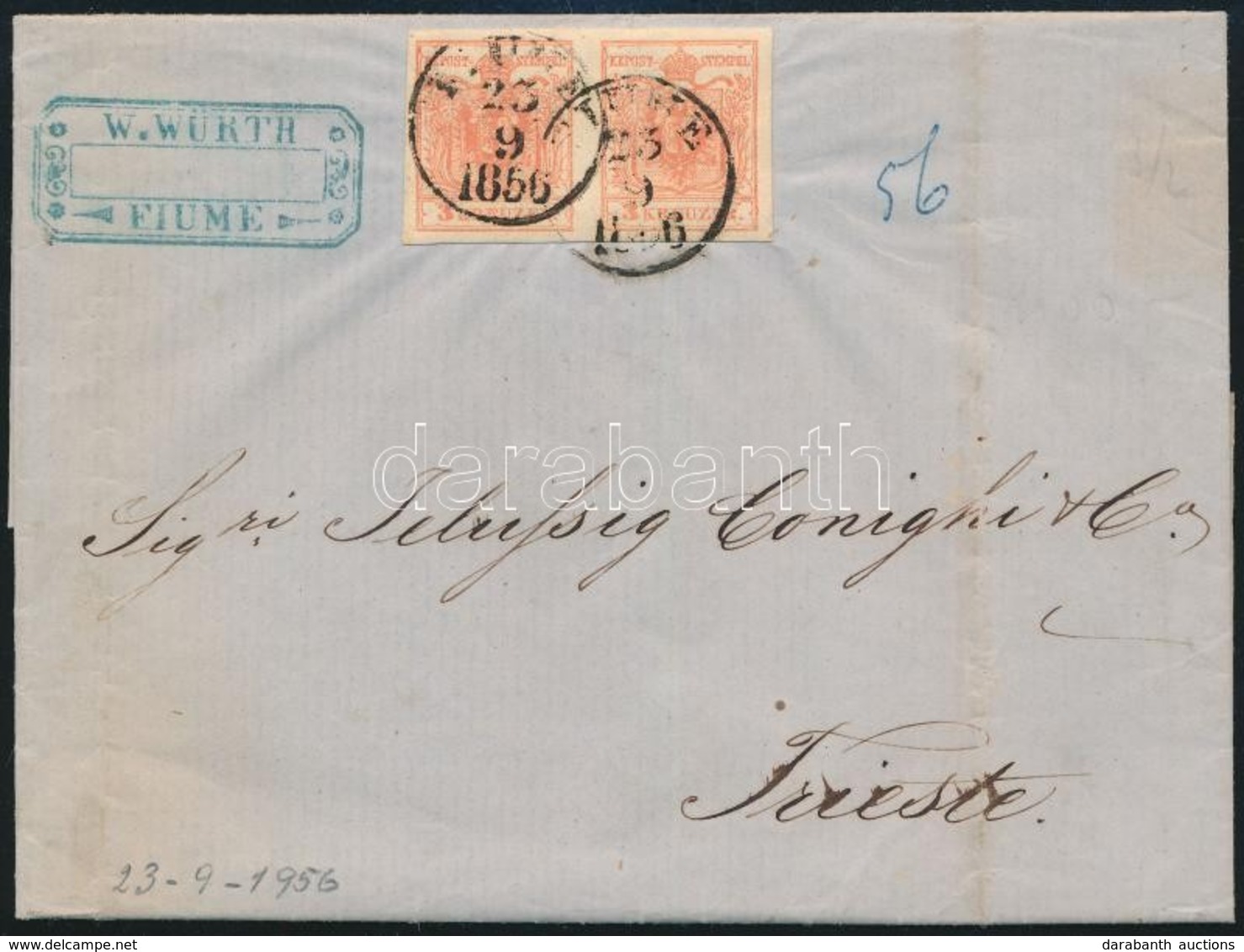 1856 3kr Pár MP III. Levélen / Pair On Cover 'FIUME' - Triest - Sonstige & Ohne Zuordnung