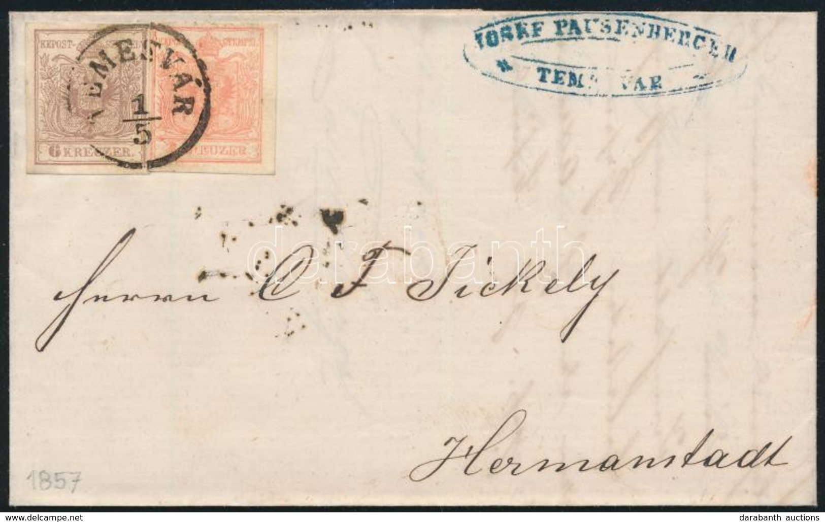 1857 6kr és 3kr üreges Nyomat Levélen / Plate Flaw On Cover 'TEMESVÁR' - Altri & Non Classificati