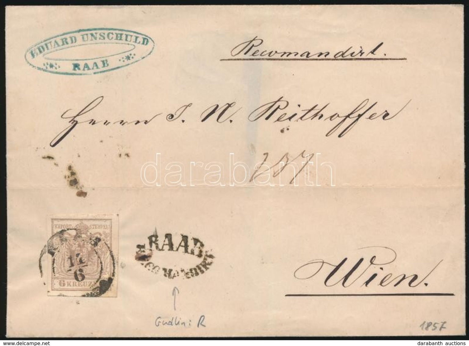 1857 6kr MP Ajánlott Levélen, A Hátoldali Bélyeg Hiányzik / On Registered Cover,  Backside Stamp Missing 'RAAB RECOMANDI - Sonstige & Ohne Zuordnung