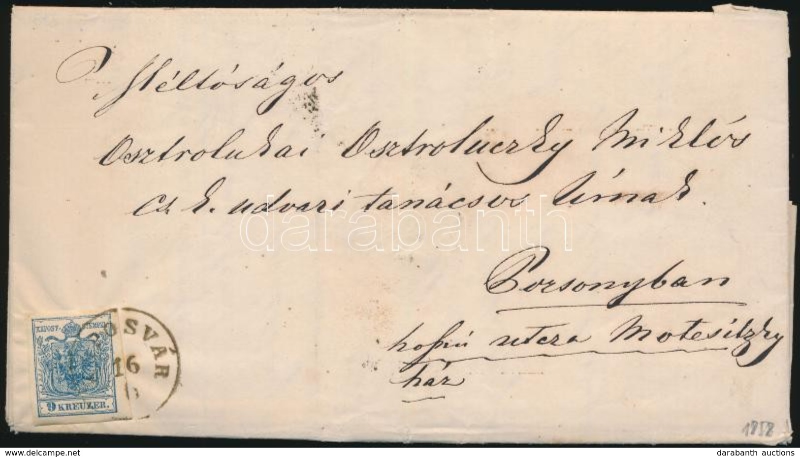 1858 9kr MP III. Szép Szélekkel Levélen / Nice Margins On Cover 'KAPOSVÁR' - Pozsony - Sonstige & Ohne Zuordnung