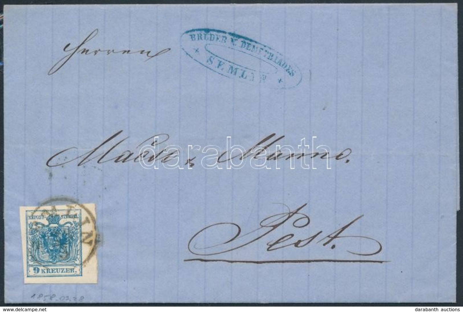 1858 9kr 5 Mm ívszéllel Levélen / With Large Margin On Cover 'SEMLIN' - Pesth - Sonstige & Ohne Zuordnung