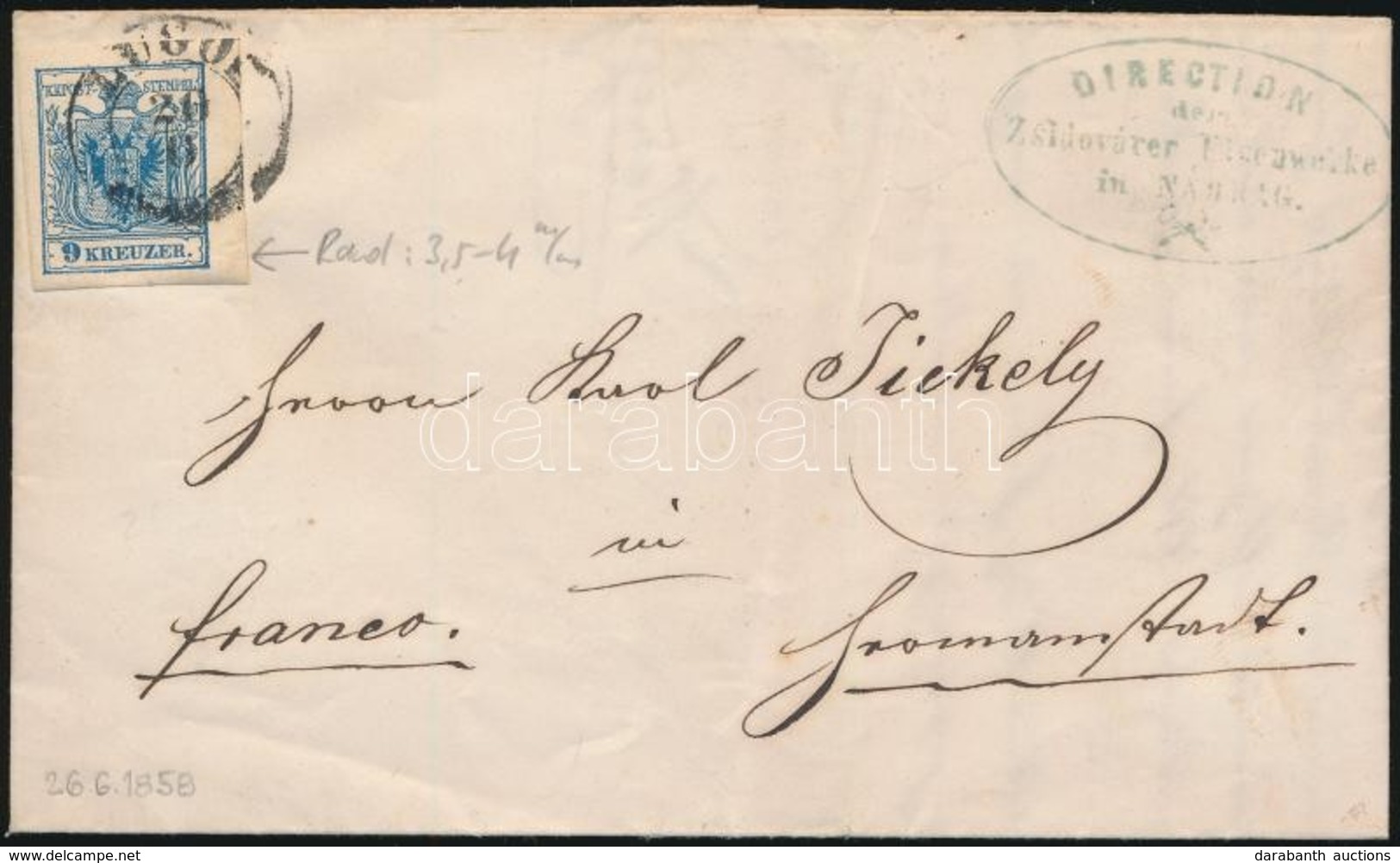 1858 9kr MP III., 3,5-4 Mm-es ívszéllel Levélen / With 3,5-4 Mm Margin On Cover 'LUGOS' - Autres & Non Classés