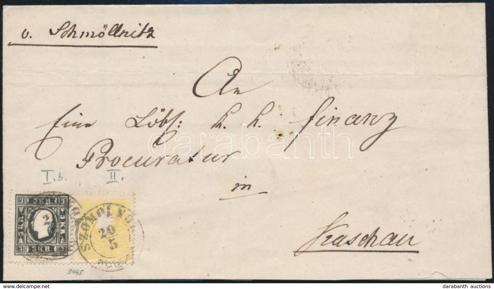 Ca. 1858 2kr II. és 3kr Ib. Fekete / Black, Levélen / On Cover 'SZOMOLNOK' (hiányos Boríték / Damaged Cover) - Other & Unclassified