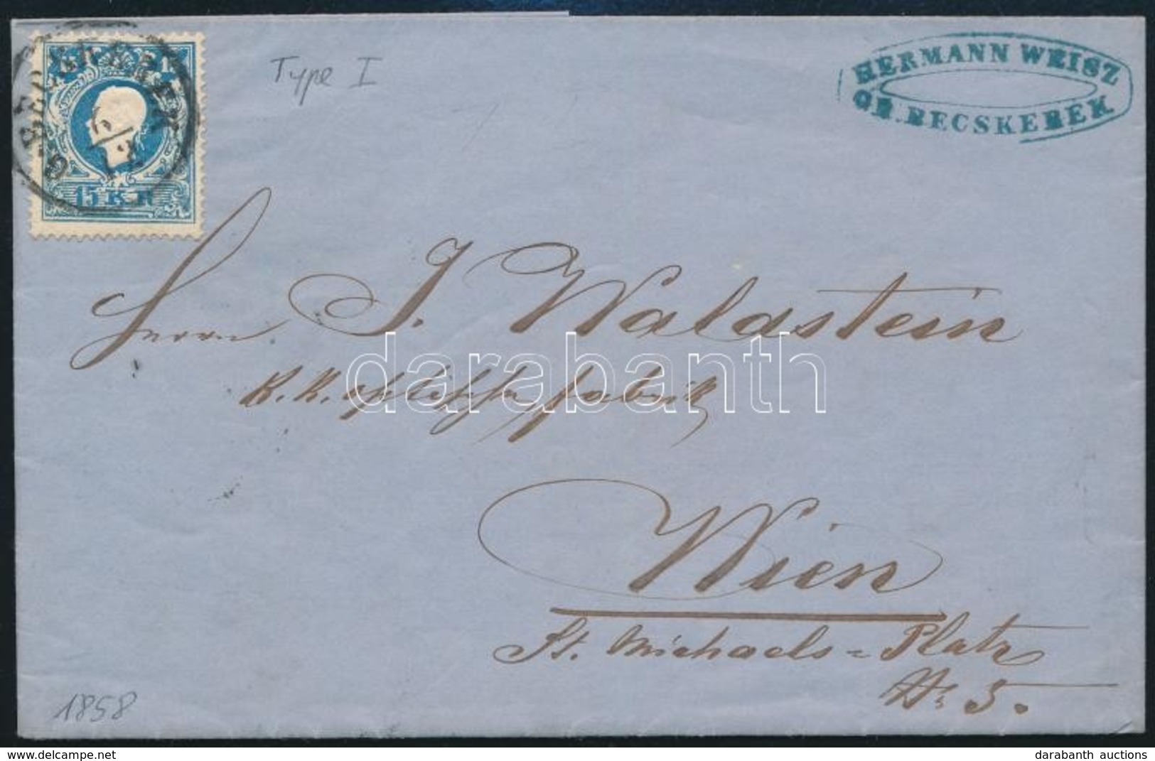 1858 15kr I. Centrált, Levélen / On Cover 'G.BECSKEREK' - Wien - Autres & Non Classés