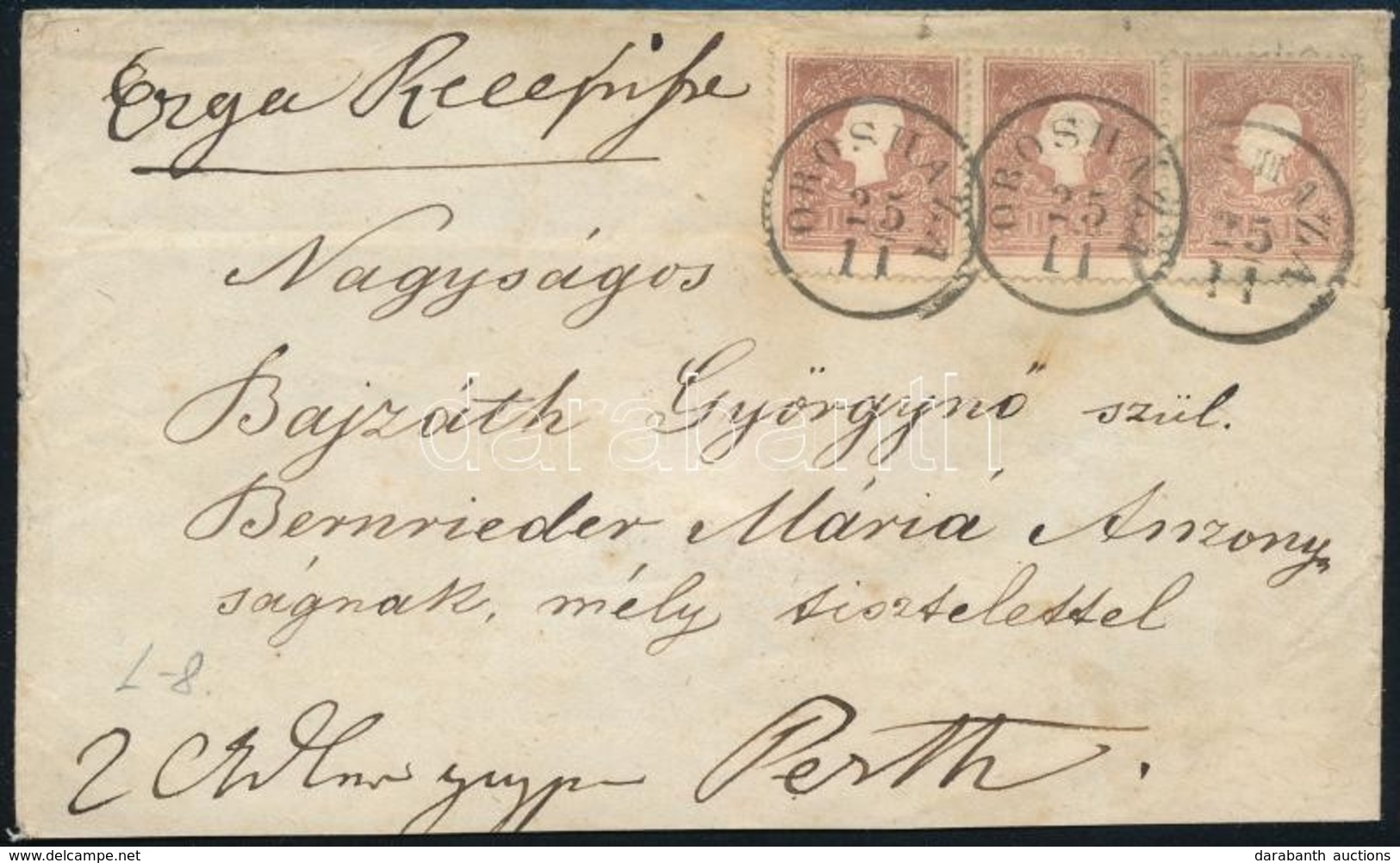 1858 10kr I. Hármascsík Levélen / Stripe Of 3 On Cover 'OROSHÁZA' - Pesth - Autres & Non Classés