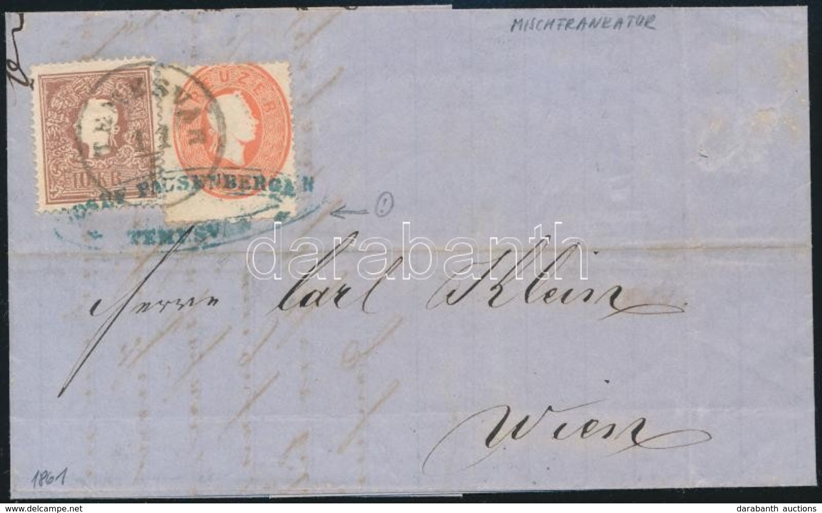 1861 1858-as 10kr és 1861-es 5kr Vegyes Bérmentesítés Levélen Kék Cégbélyegzéssel, Az 5kr Látványosan Elfogazva, Szegély - Sonstige & Ohne Zuordnung