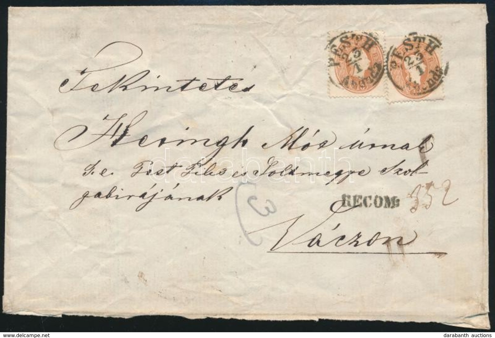 Ca. 1861 2 X 10kr Ajánlott Levélen, A Hátoldalán Félbetépett 10kr és Egy Hiányzó Bélyeg / 2 X 10kr On Registered Cover,  - Altri & Non Classificati