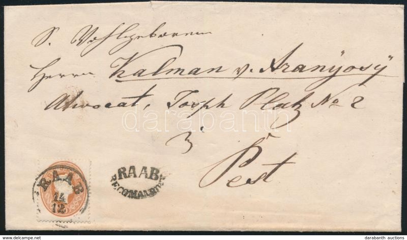 ~1861 10kr és A Hátoldalon Széttépett 10kr Ajánlott Levélen, Ritka 'RAAB RECOMANDIRT' Bélyegzéssel Pestre / 10kr + Rippe - Autres & Non Classés