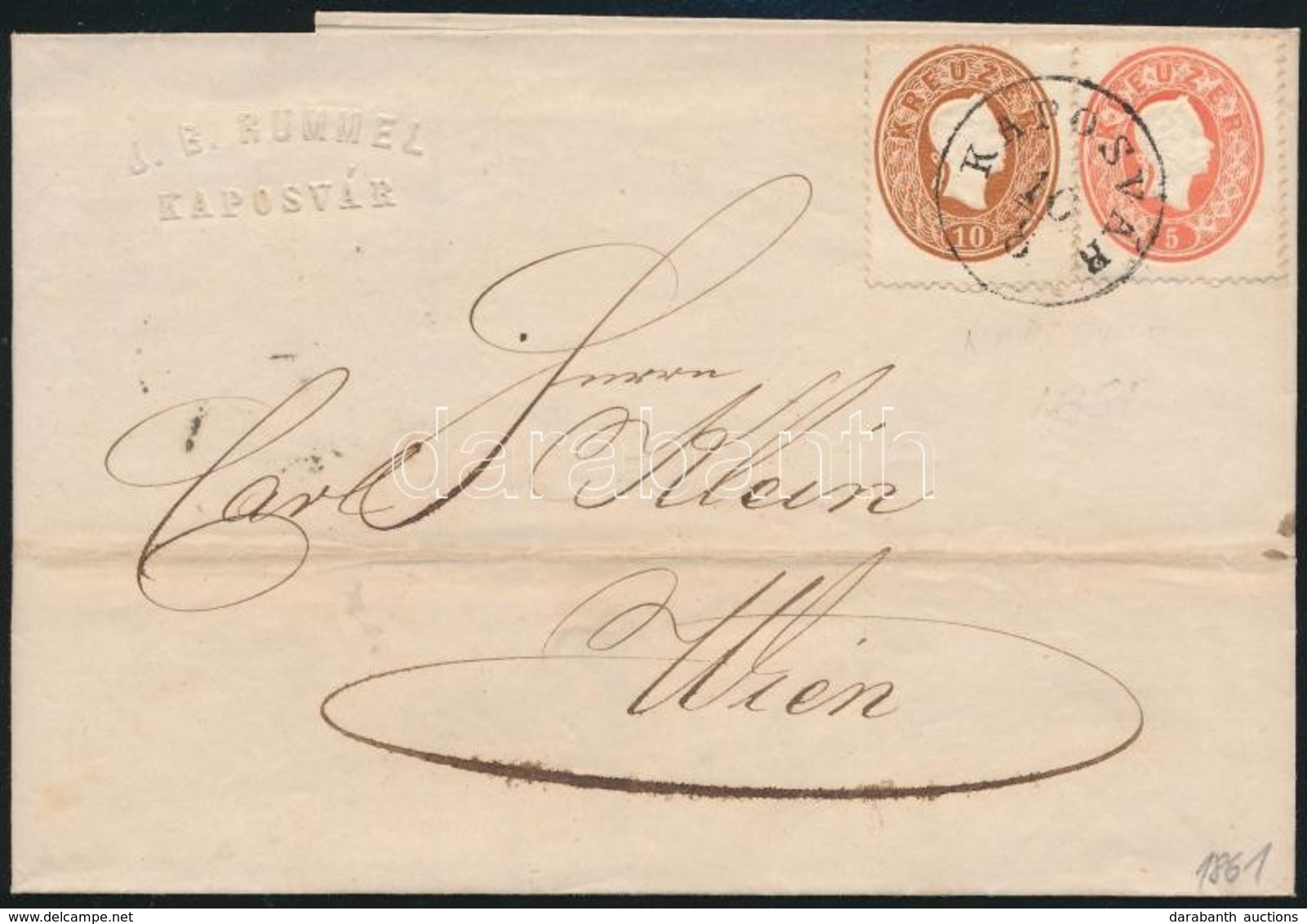 1861 5kr + 10kr Levélen / On Cover 'KAPOSVÁR' - Wien - Sonstige & Ohne Zuordnung