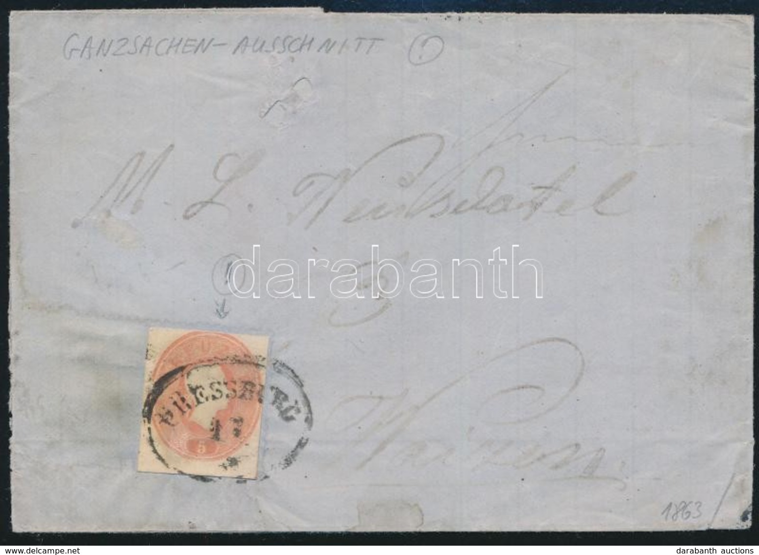 1863 5kr Díjjegyes Kivágás Bélyegként Felhasználva Levélen / 5kr PS-cutting Used As Stamp On Cover 'PRESSBURG' - Sonstige & Ohne Zuordnung