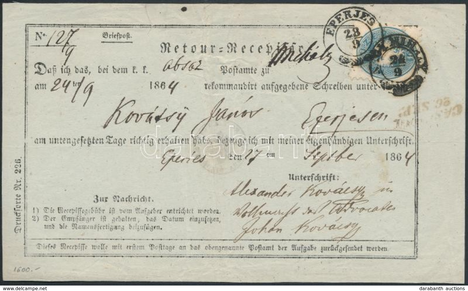 1864 10kr Tértivevényen Ajánlott Levélről /  / Retour Recepisse 'NAGY MIHÁLY' - 'EPERJES' - Autres & Non Classés