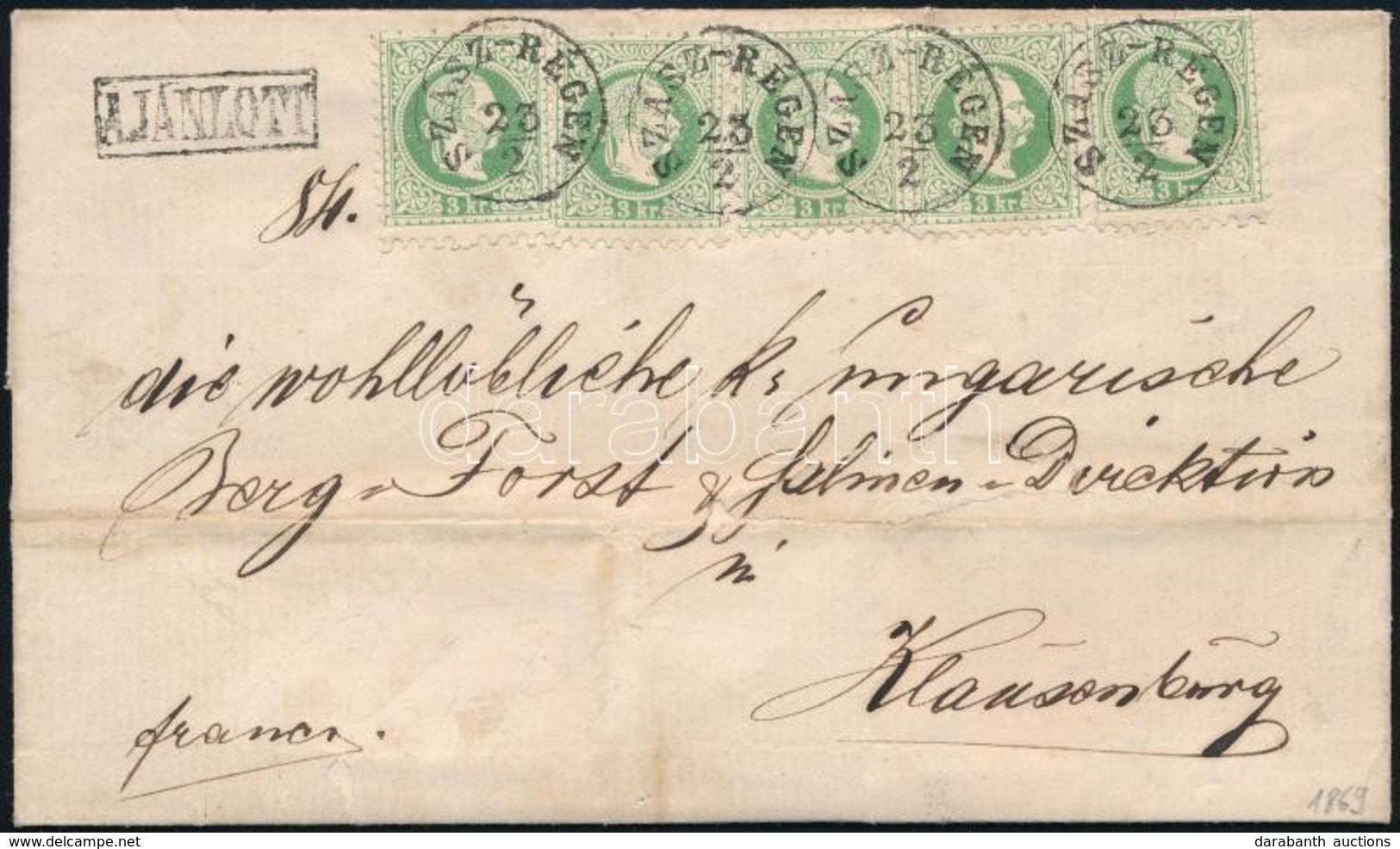 1869 5 X 3kr Zöld, Ajánlott Levélen Teljes Tartalommal. Rendkívül Látványos, Ritka Darab! / 5 X Mi 36 Green, On Register - Autres & Non Classés