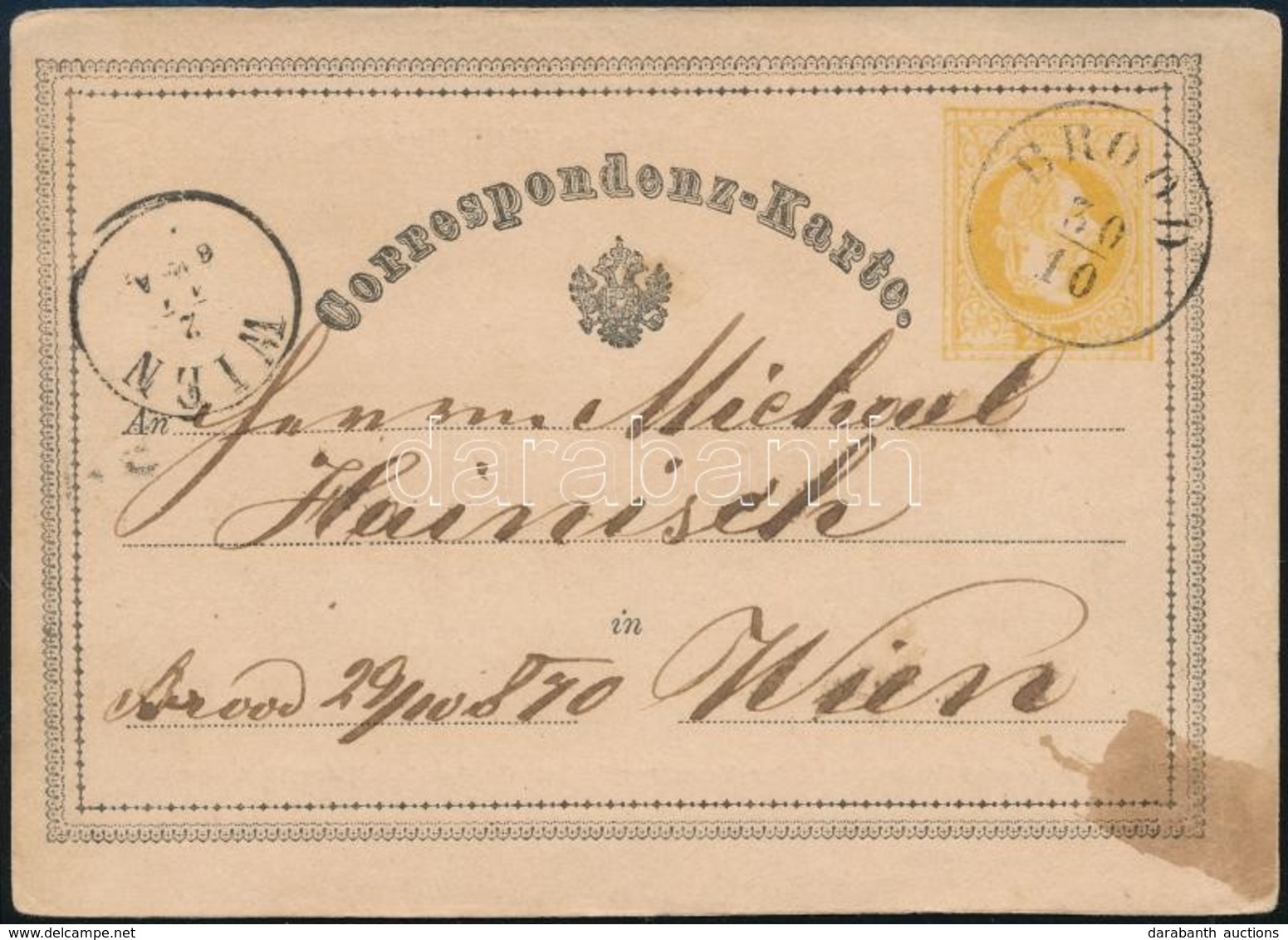 ~1869 Correspondenz-Karte Osztrák Címerrel / With Austrian Coat-of-arms ,,BROOD' - ,,WIEN' - Sonstige & Ohne Zuordnung