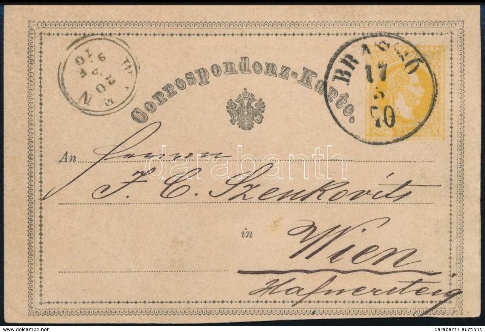 1870 2kr Díjjegyes Levelezőlap Osztrák Címerrel / PS-card With Austrian Coat-of-arms 'BRASSÓ' - 'WIEN' - Sonstige & Ohne Zuordnung