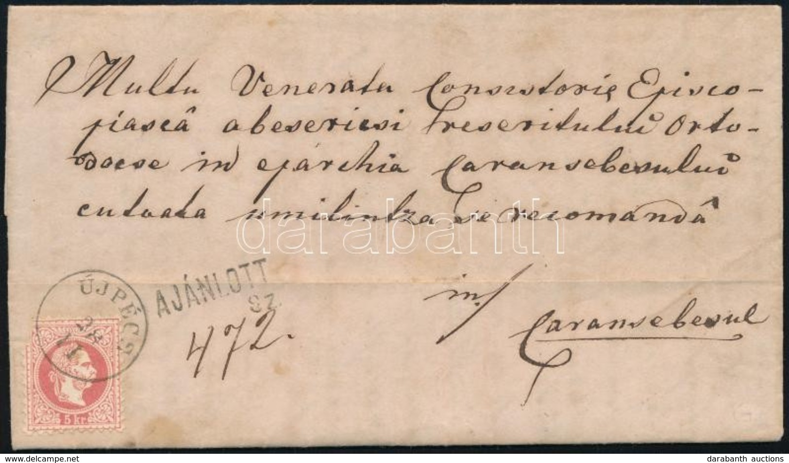 ~1870 5kr Ajánlott Levélen, Hátoldalán Eltépett 10kr / 5kr On Registered Cover, Ripped 10kr On The Backside 'ÚJPÉCS' - Sonstige & Ohne Zuordnung