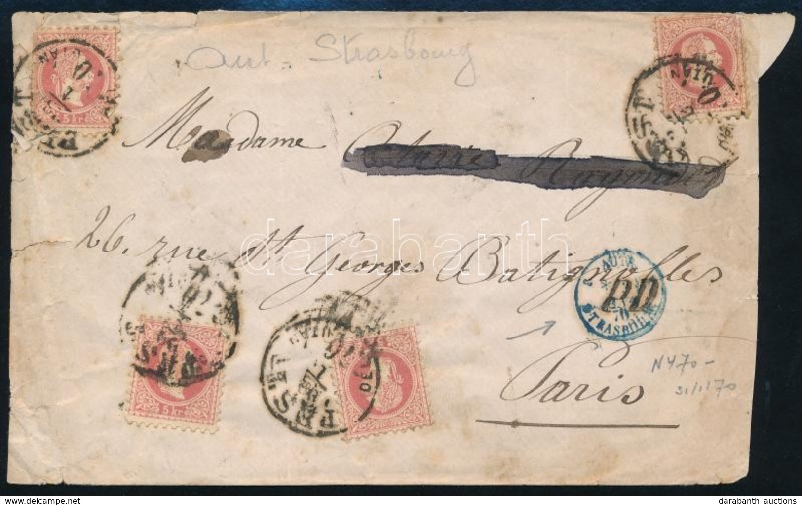 1870 5 X 5kr Levélen Pestről Bécsbe, Majd Strasbourgon át Párizsba, A Hátoldali 5kr Bélyegen Bécsi Bélyegzés / 5 X 5kr O - Sonstige & Ohne Zuordnung