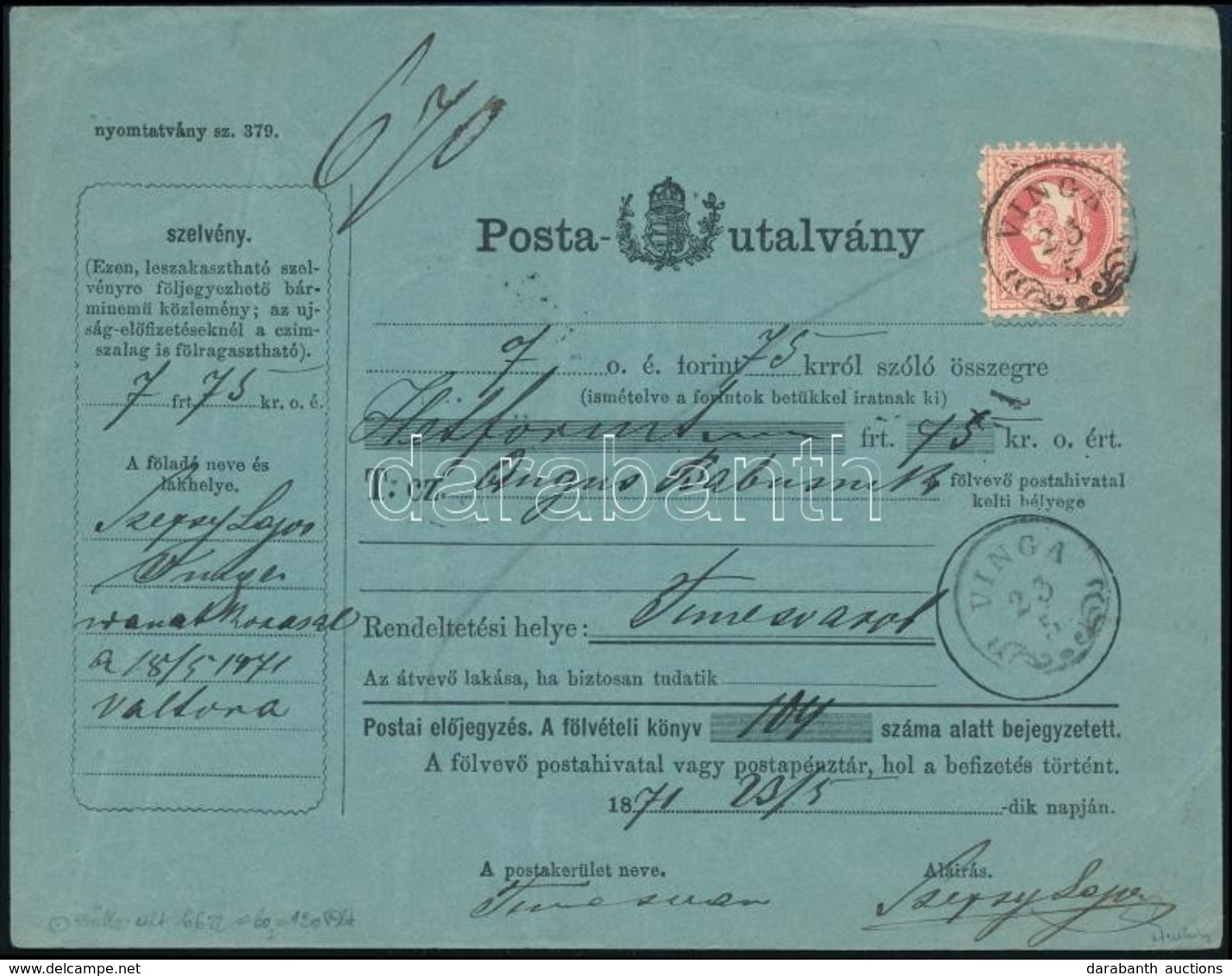 1871 5kr Postautalványon / On  Money Order 'VINGA' - 'TEMESVÁR' Certificate: Ferchenbauer - Autres & Non Classés