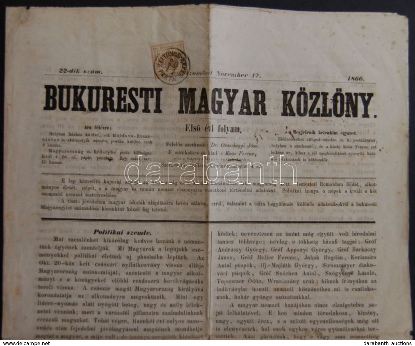 1860 Bukaresti Magyar Közlöny Teljes újság (2 Krajcárra Redukált értékű) 4kr Hírlapilletékbélyeggel. Teljes újság Hibátl - Other & Unclassified