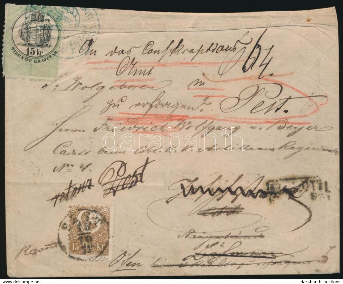 1871 Kőnyomat 15kr Ajánlott Levélen, Többszörösen Után Küldve, 15kr Illetékbélyeggel / Mi 5 On Registered Cover 'PEST',  - Sonstige & Ohne Zuordnung