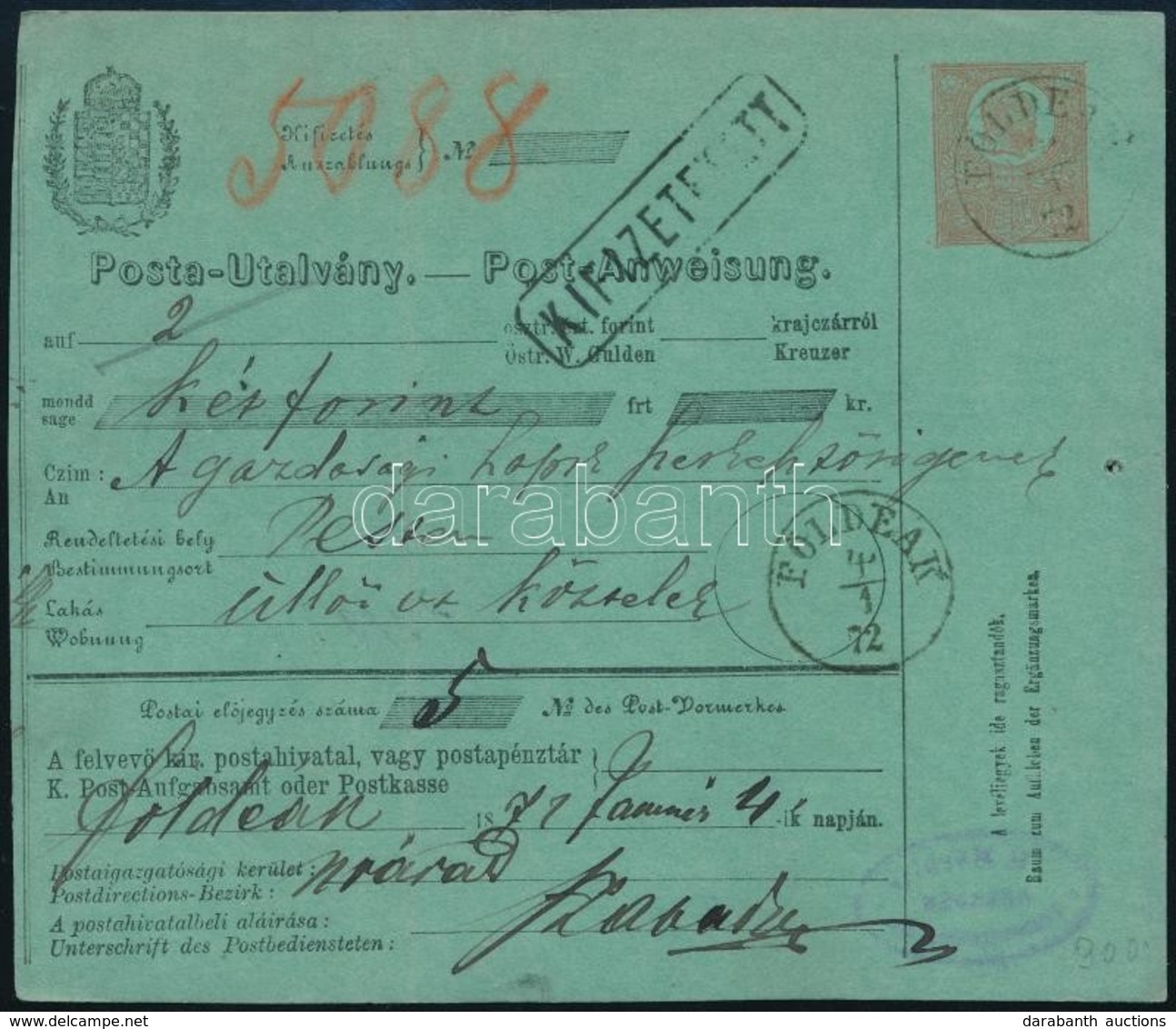 1871 5kr Díjjegyes Postautalvány / 5kr PS-money Order 'FÖLDEÁK' - Sonstige & Ohne Zuordnung