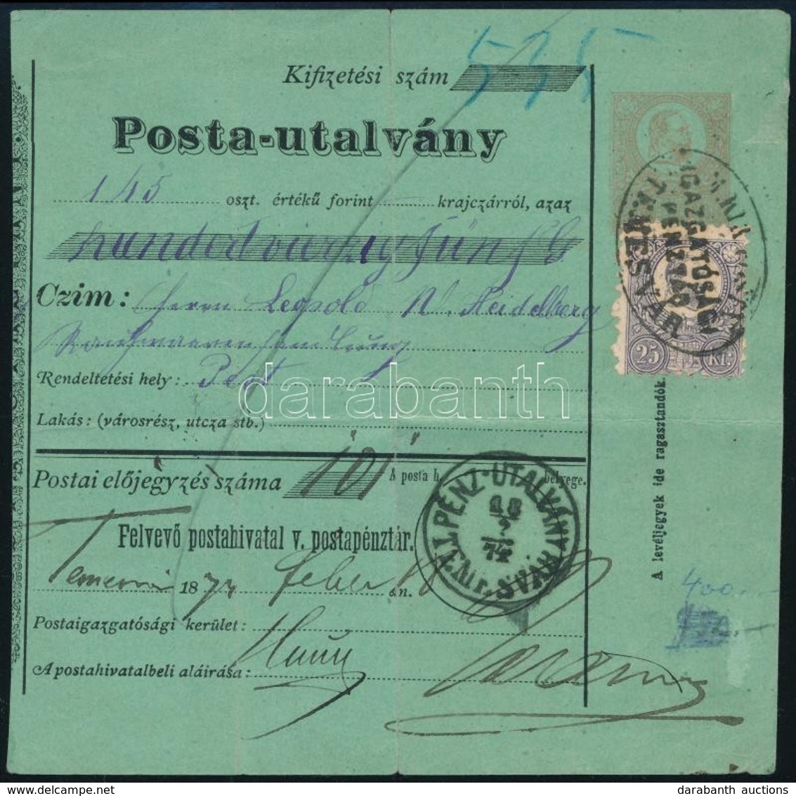 1871 5kr Postautalvány 25kr Díjkiegészítéssel / 5kr PS-money Order With 25kr Additional Franking 'TEMESVÁR' - Autres & Non Classés