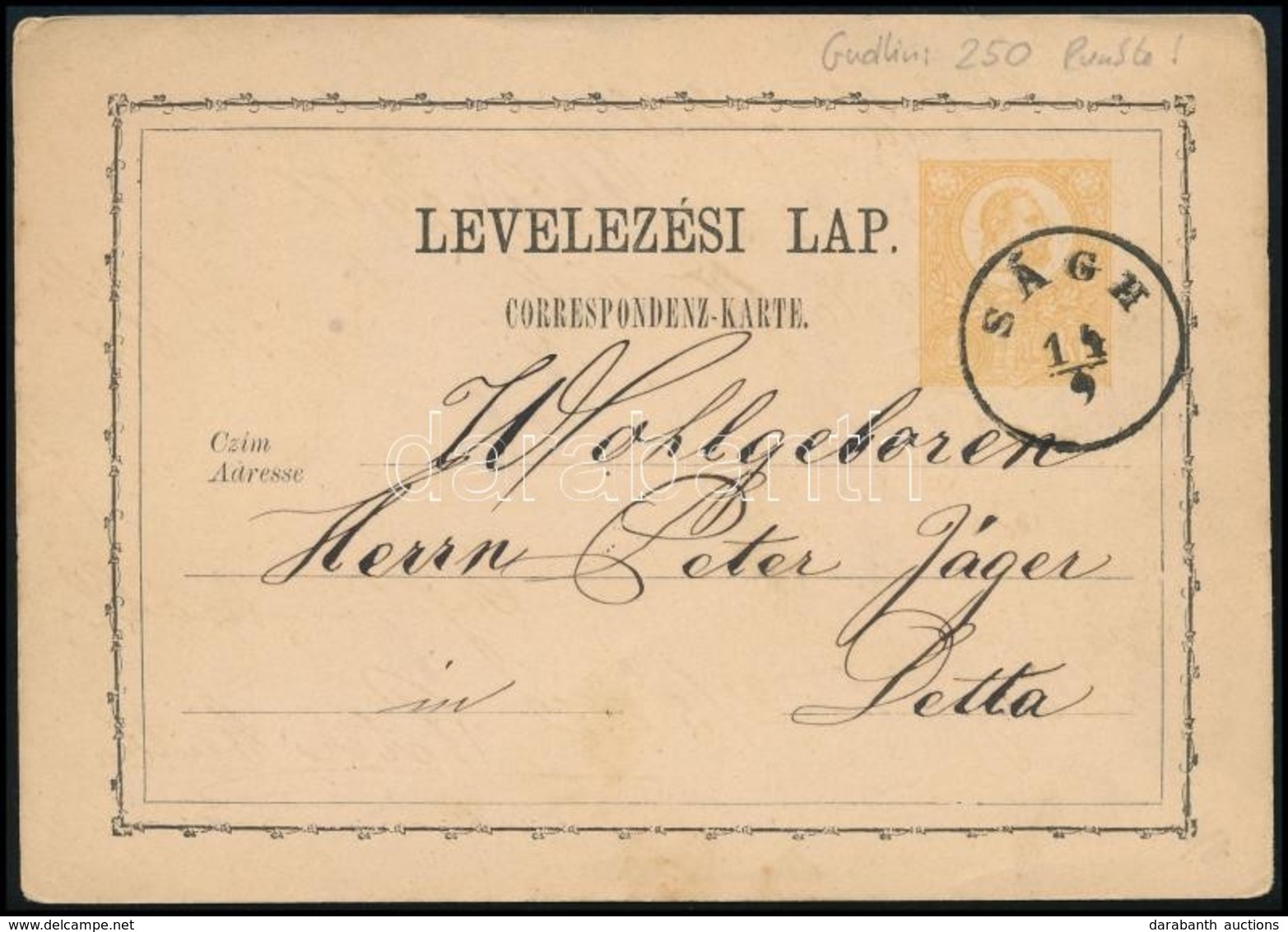1872 Díjjegyes Levelezőlap / PS-card 'SÁGH' - Sonstige & Ohne Zuordnung