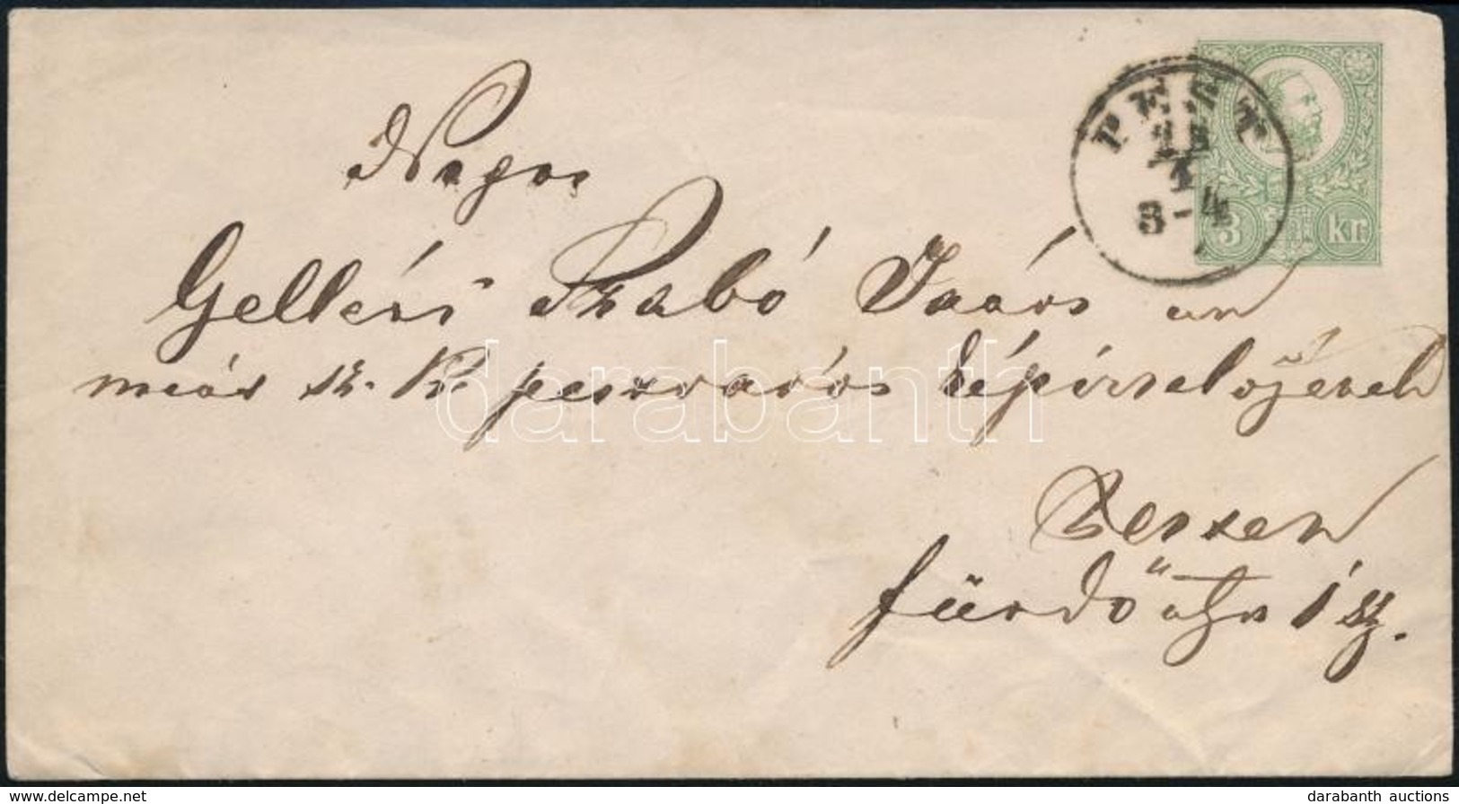 ~1872 3kr Díjjegyes Boríték, Pest Helyi Küldeményként / 3kr Local PS-cover 'PEST' - Autres & Non Classés