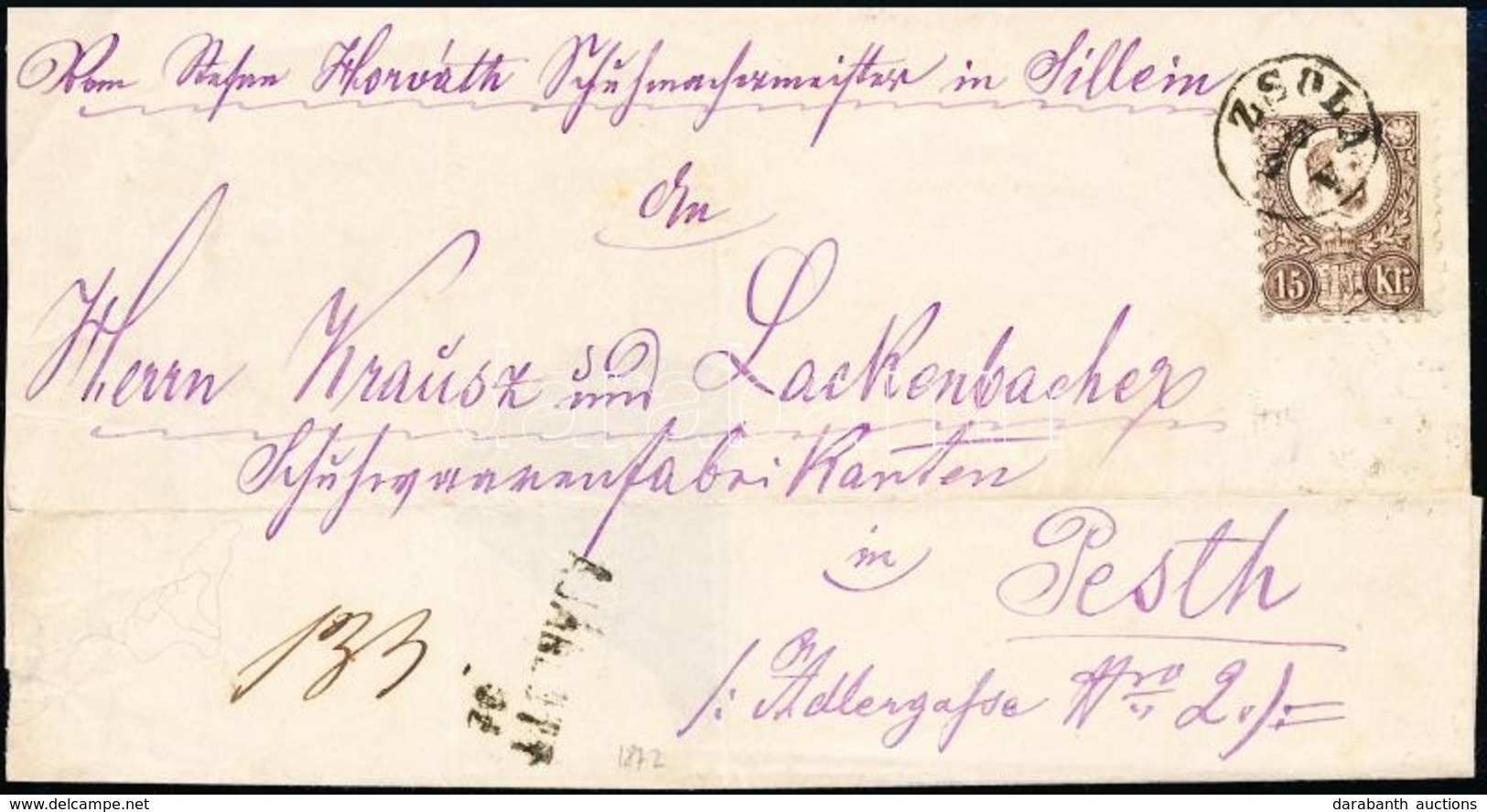 1872 Réznyomat 15kr Ajánlott Levélen / Mi 12 On Registered Domestic Cover 'ZSOLNA'  - 'PEST' - Sonstige & Ohne Zuordnung