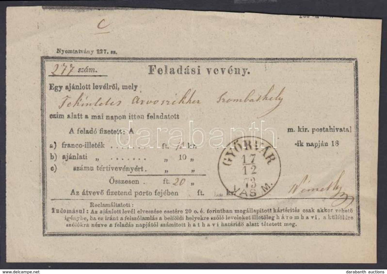 1873 Feladóvevény / Sender's Receipt 'GYŐRVÁR VAS M.' - Autres & Non Classés