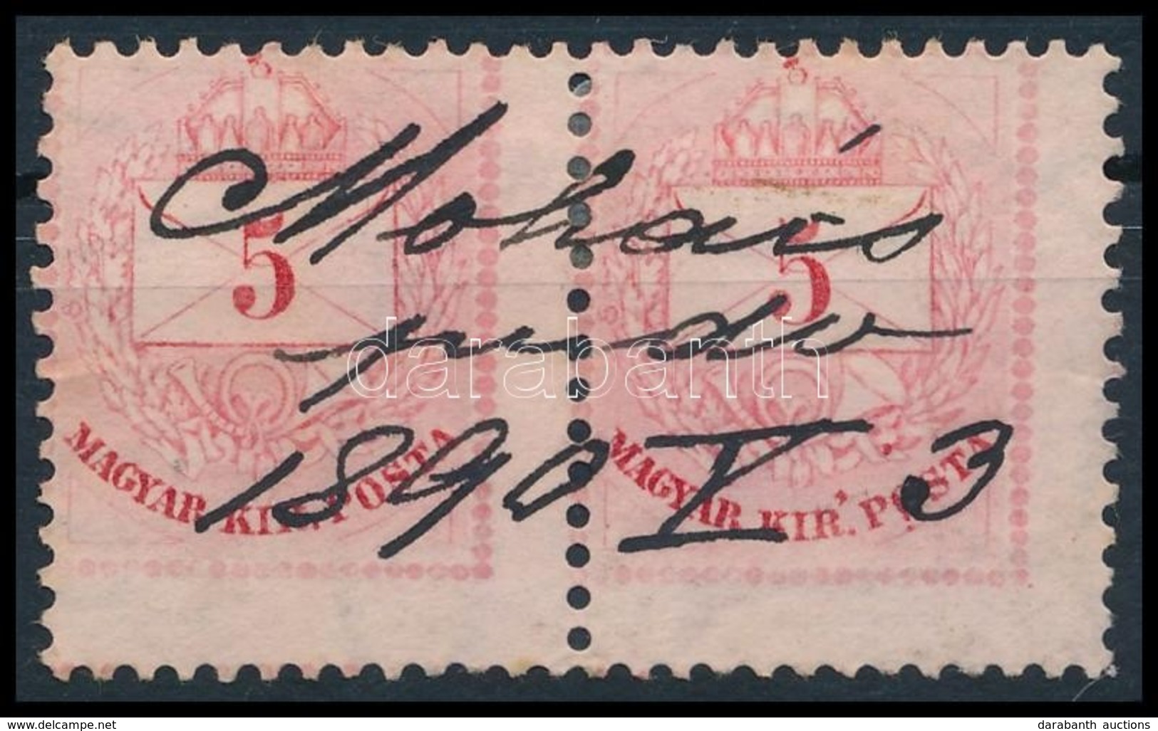 O 1874 Színesszámú 5kr Pár Látványosan Elfogazva és 'Mohács Pudv 1890.V.3.' Kézi érvénytelenítéssel / Pair With Shifted  - Autres & Non Classés