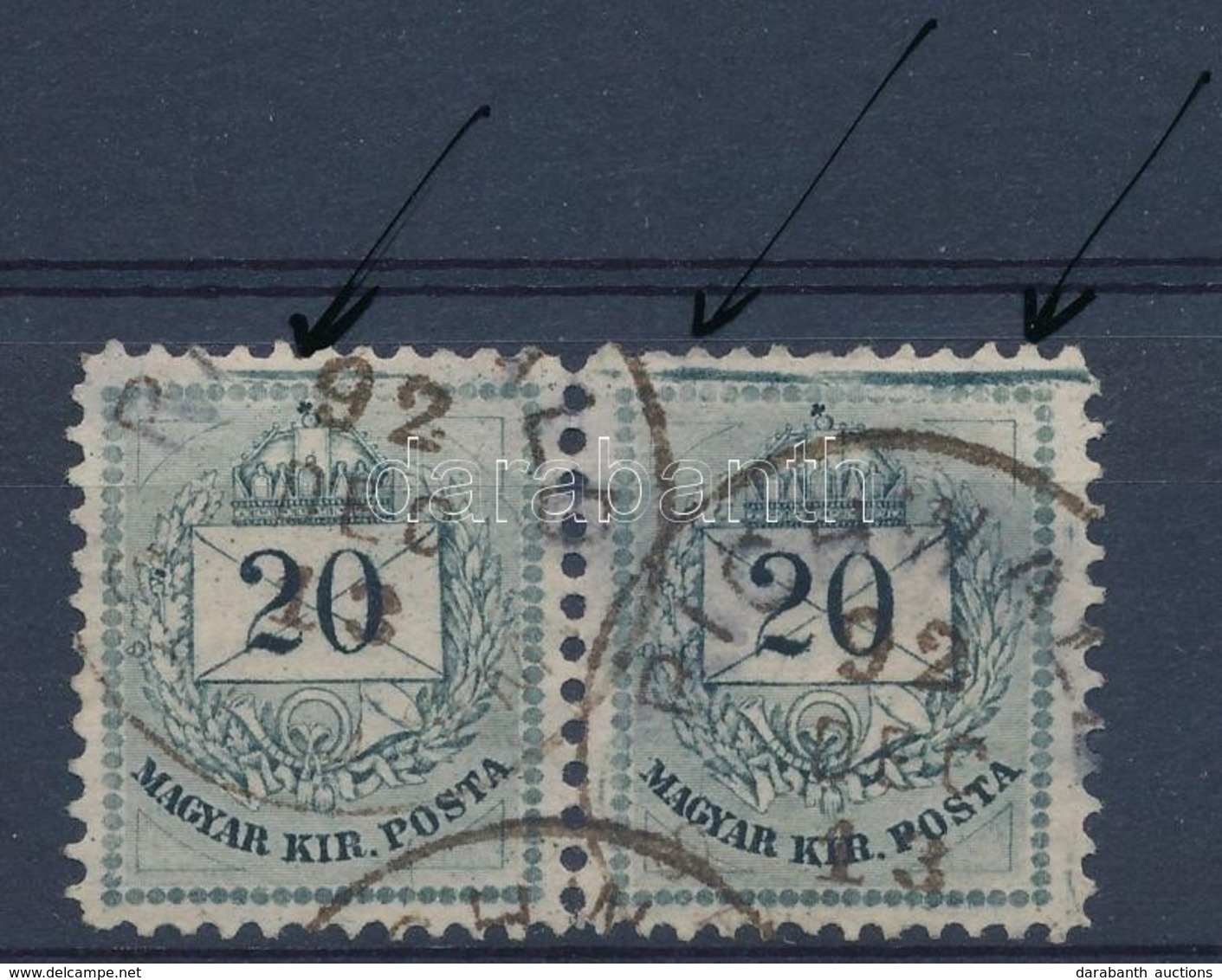 O 1881 20kr Pár Felül Szegélyléc Lenyomat / Pair With Bar Above - Autres & Non Classés