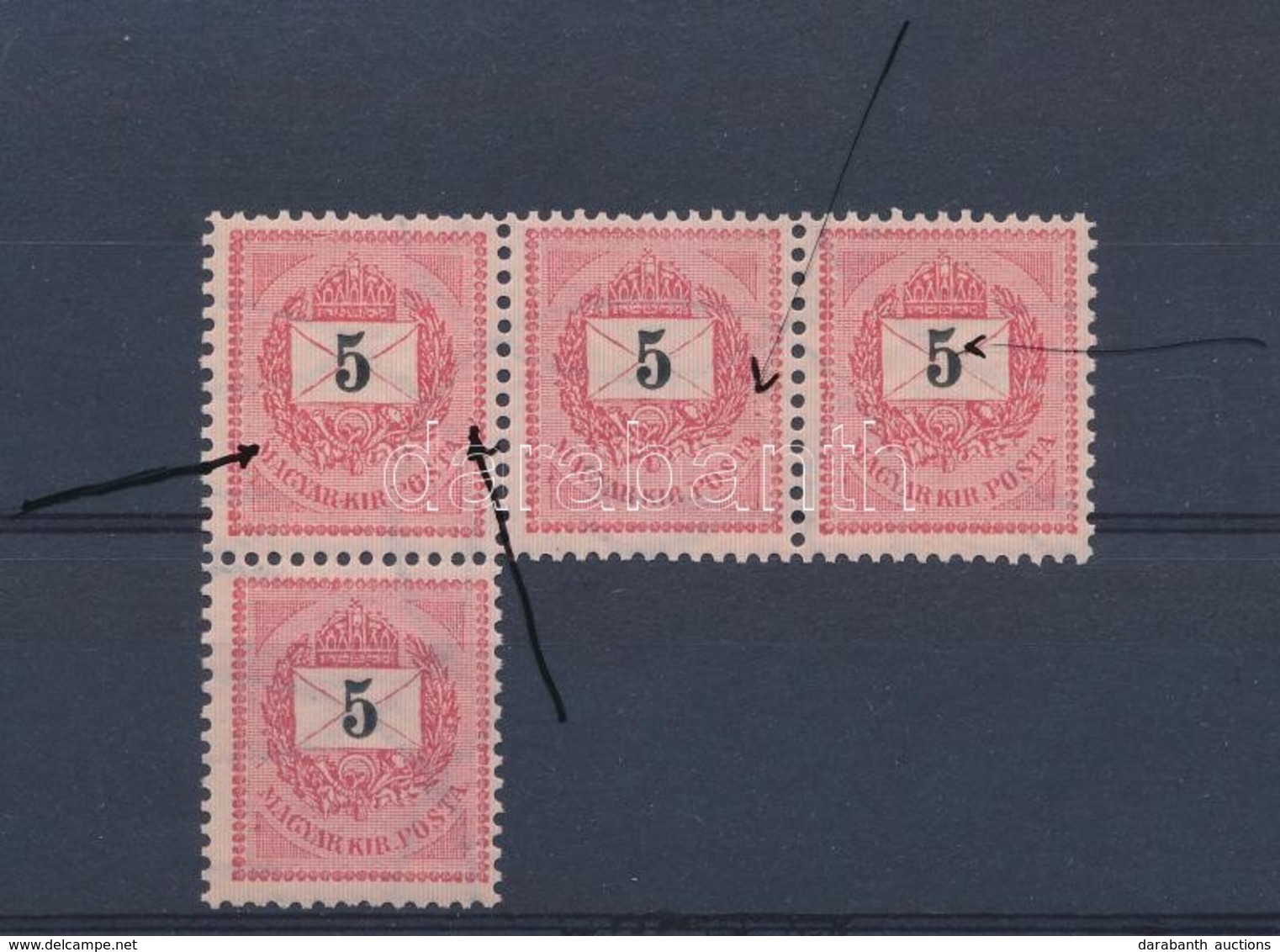 ** * 1889 5kr 4-es összefüggésben 3 Lemezhibával / Plate Flaws - Sonstige & Ohne Zuordnung