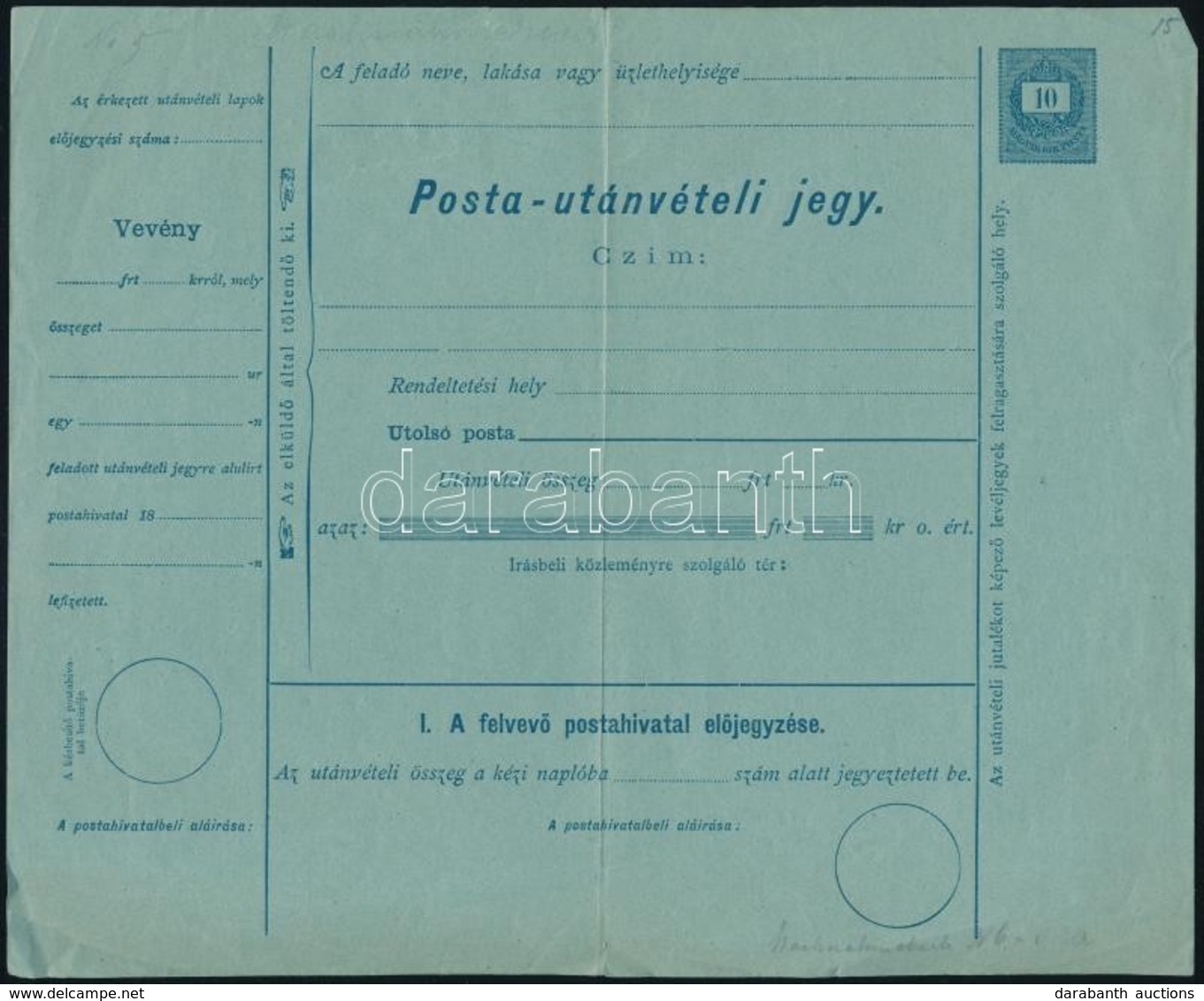 18.. Használatlan 10kr Posta-utánvételi Jegy, A Hozzátartozó Kézbesítővel / Unused 10kr PS-money Order - Sonstige & Ohne Zuordnung