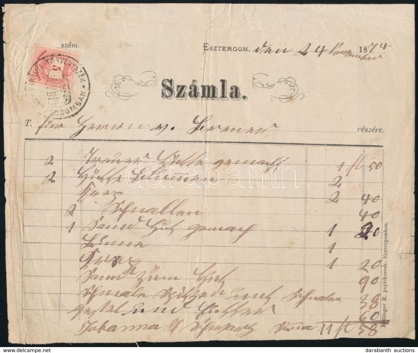 1874 Számla Okmánybélyeg Helyett Színesszámú 5kr Bélyeggel Esztergomba / 5kr Mi 19 Instead Of Fiscal Stamp On Invoice - Sonstige & Ohne Zuordnung