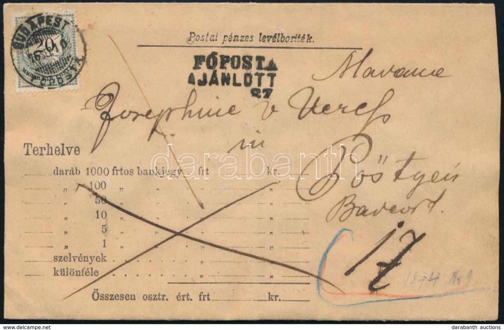 1876 Postai Pénzes Boríték Ajánlottként Feladva 20kr Bélyeggel, Viaszpecséttel / Registered Insured Cover With 20kr 'BUD - Sonstige & Ohne Zuordnung