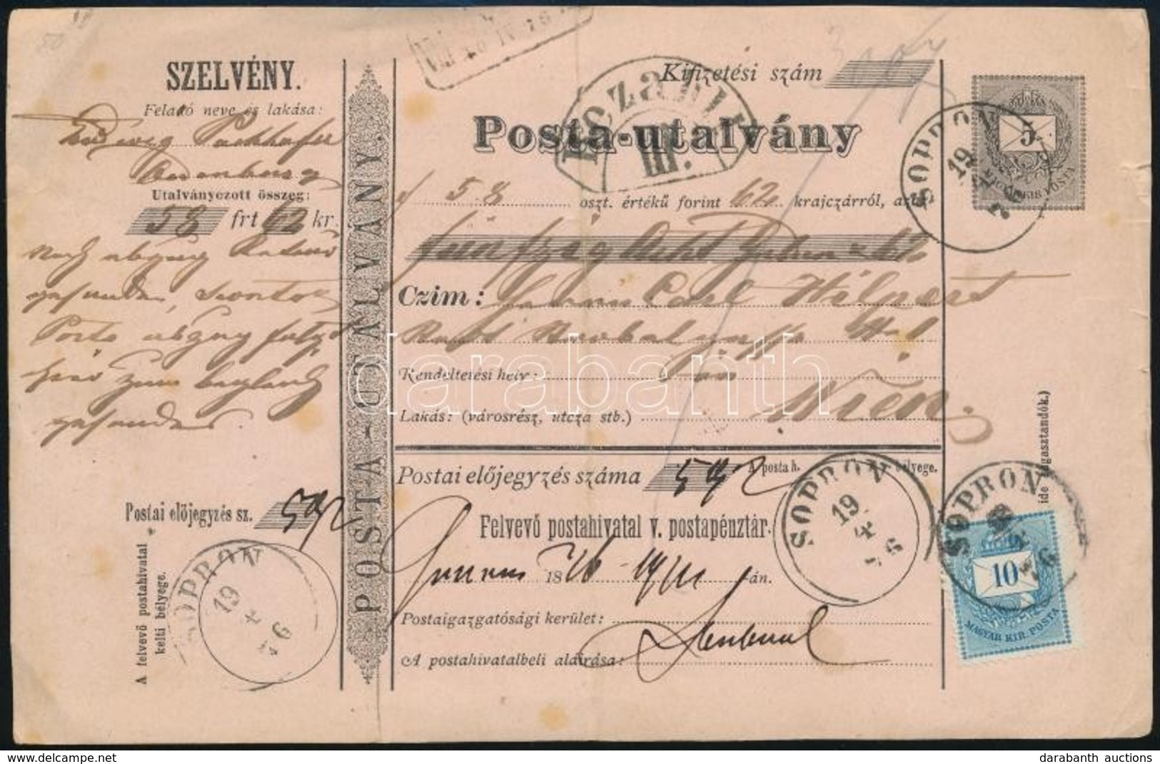 1876 Díjkiegészített Díjjegyes Postautalvány / PS Money Order With 10kr Additional Franking ,,SOPRON' - ,,WIEN' - Sonstige & Ohne Zuordnung