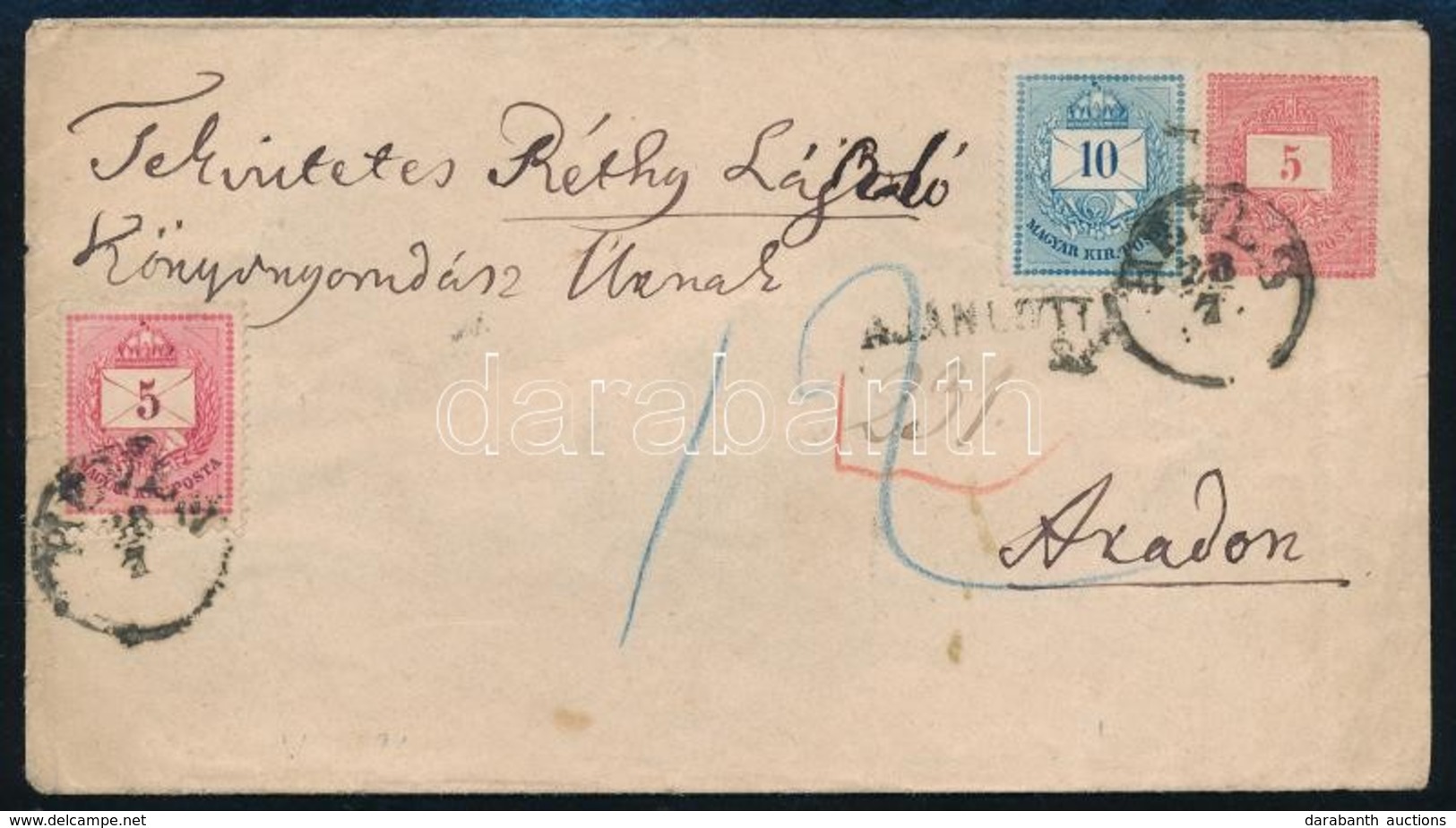 1878 5kr Díjjegyes Levél 5kr és 10kr Díjkiegészítéssel / PS-cover With Additional Franking 'HEVES' - Arad - Sonstige & Ohne Zuordnung