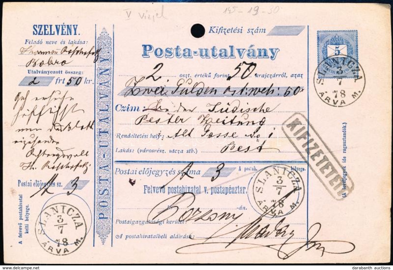 1878 Postautalvány / PS-money Order 'SLANICZA ÁRVA M.' - Sonstige & Ohne Zuordnung