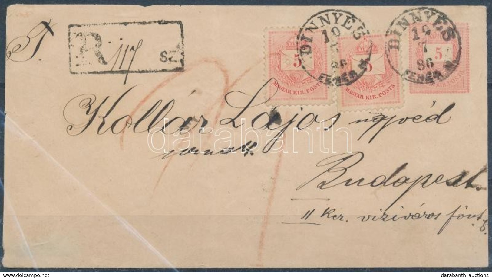 1886 Ajánlott Díjjegyes Levél 2 X 5kr Díjkiegészítéssel / Registered PS-cover With 2 X 5kr Additional Franking 'DINNYÉS' - Sonstige & Ohne Zuordnung
