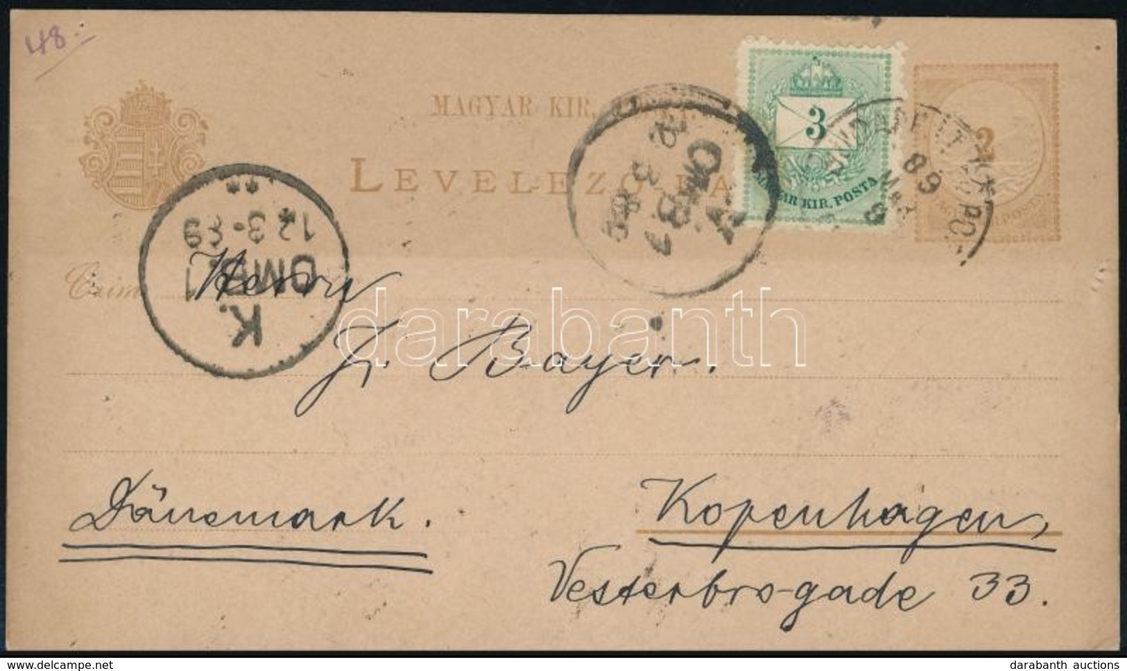 1889 2kr Díjjegyes Levelezőlap 3kr Kiegészítéssel Dániába / PS-card With Additional Franking To Denmark - Sonstige & Ohne Zuordnung