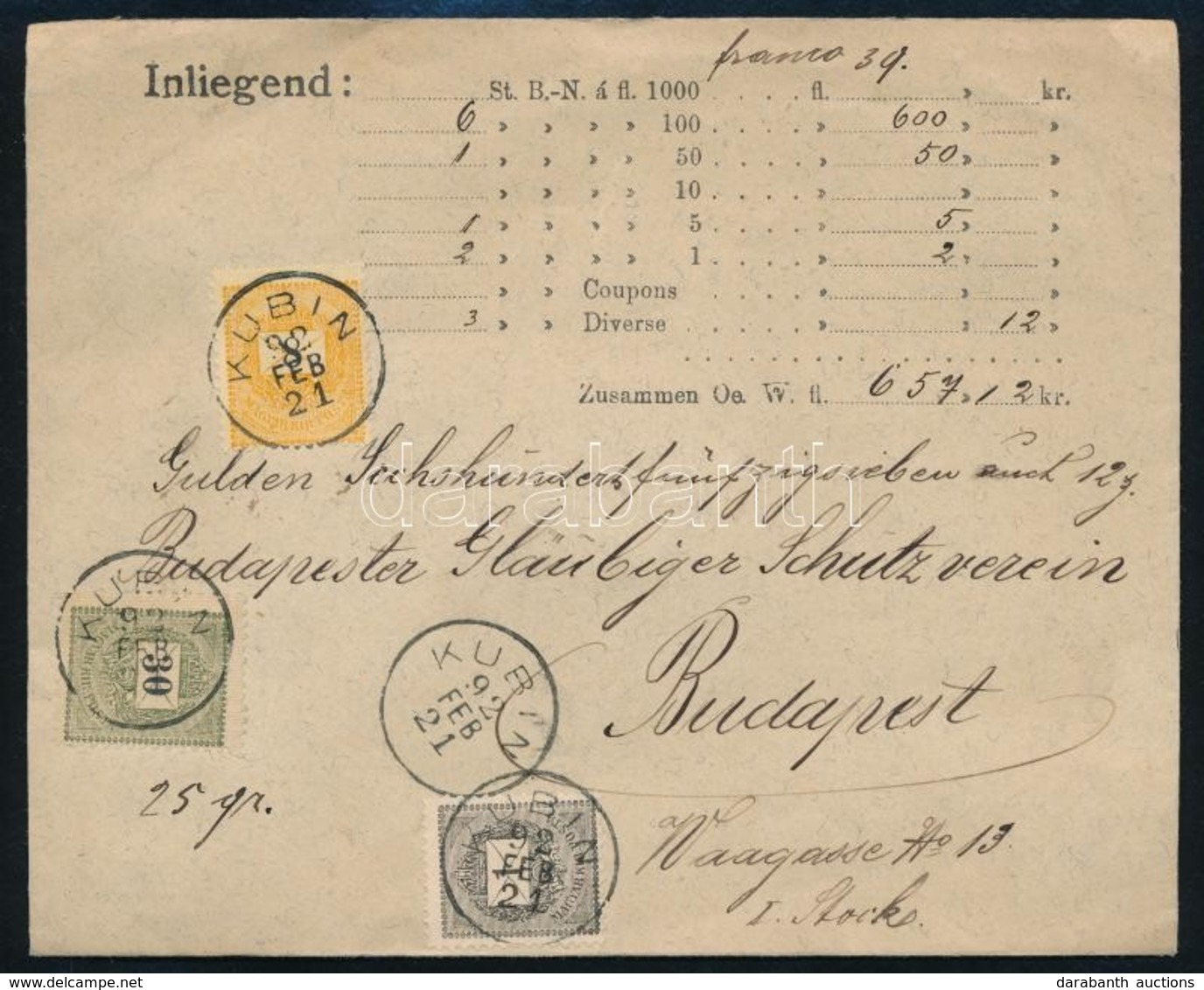 1892 Értéklevél 1kr + 8kr + 30kr / Mi 27 + Mi 31 + Mi 37 On Insured Cover 'KUBIN' - Budapest - Sonstige & Ohne Zuordnung