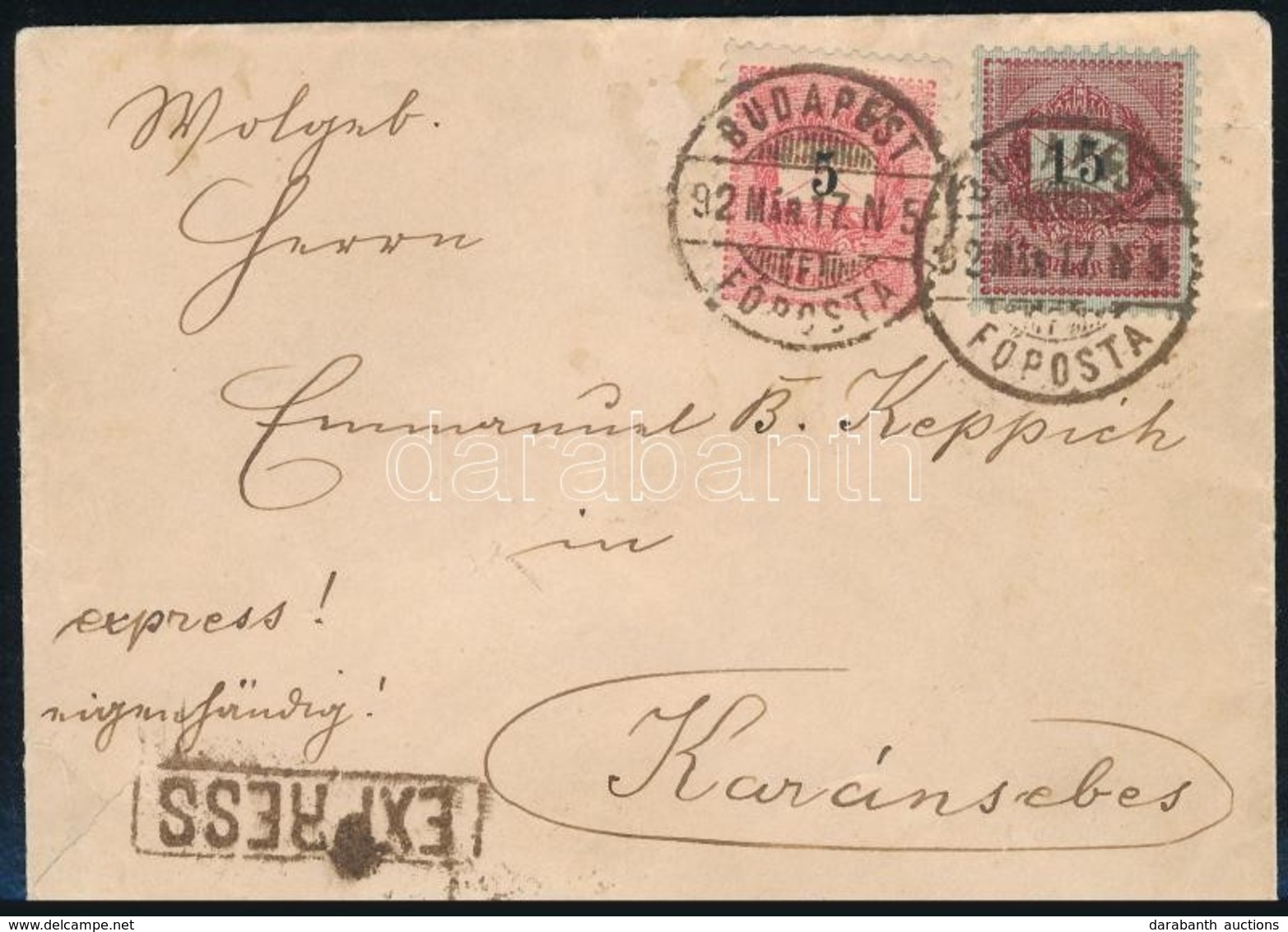 1892 Expressz Levél (nem Ajánlott) Feketeszámú 5kr + 15kr Bérmentesítéssel / Express Cover (not Recommanded) With 5kr +  - Sonstige & Ohne Zuordnung