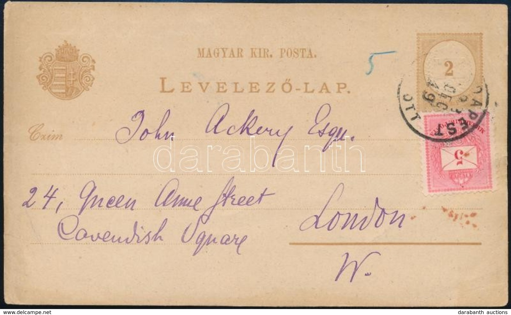 1893 2kr Díjjegyes Levelezőlap 5kr Díjkiegészítéssel Londonba / 2kr PS-card With 5kr Additional Franking To London - Sonstige & Ohne Zuordnung