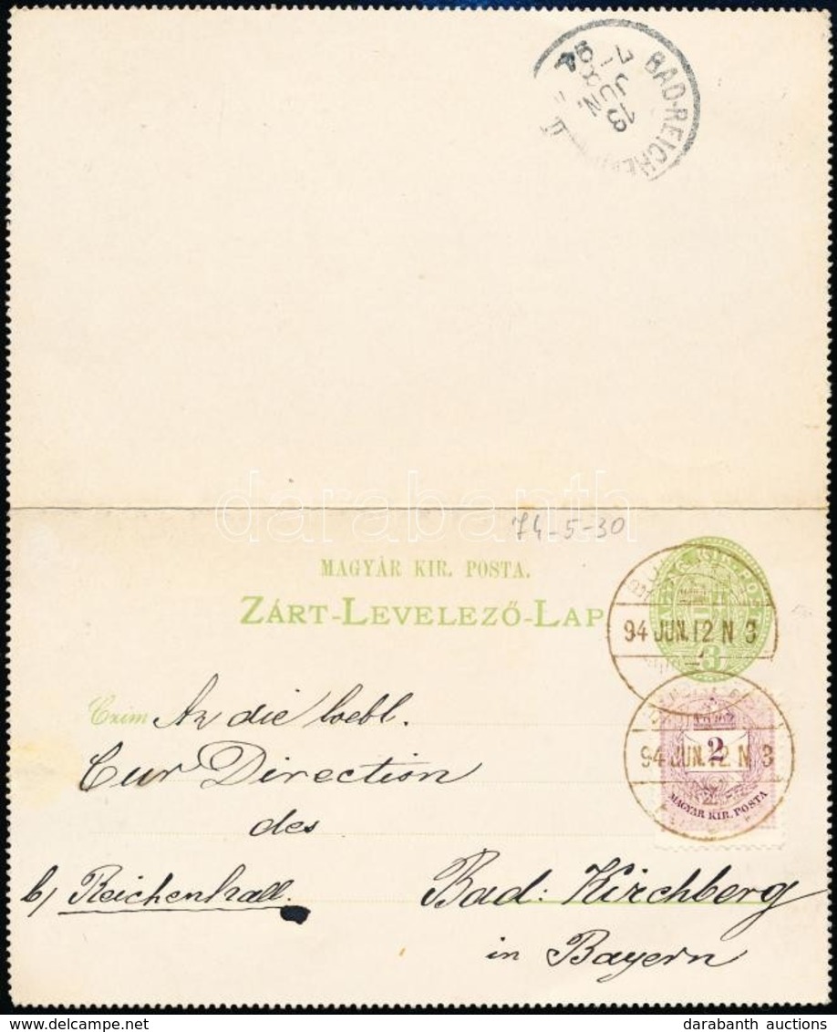 1894 Díjjegyes Zárt Levelezőlap 2kr Díjkiegészítéssel Németországba / PS-cover Card With 2kr Additional Franking To Germ - Sonstige & Ohne Zuordnung