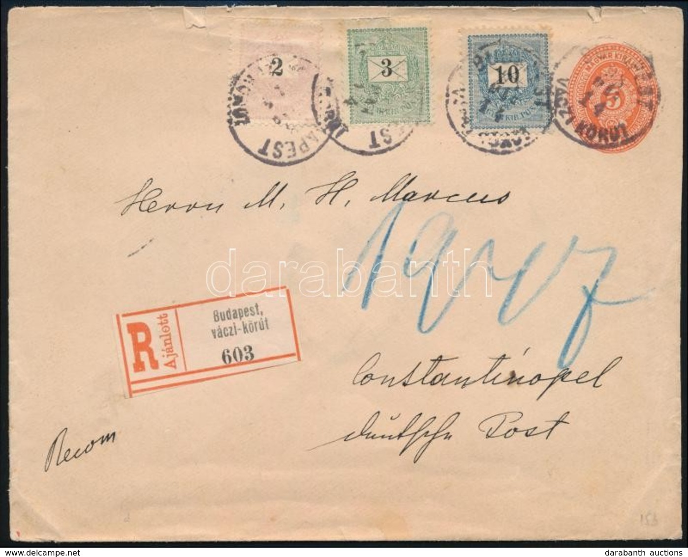 1898 Ajánlott Díjjegyes Boríték 15kr Kiegészítéssel Konstantinápolyba / Registered PS-cover With 15kr Additional Frankin - Sonstige & Ohne Zuordnung