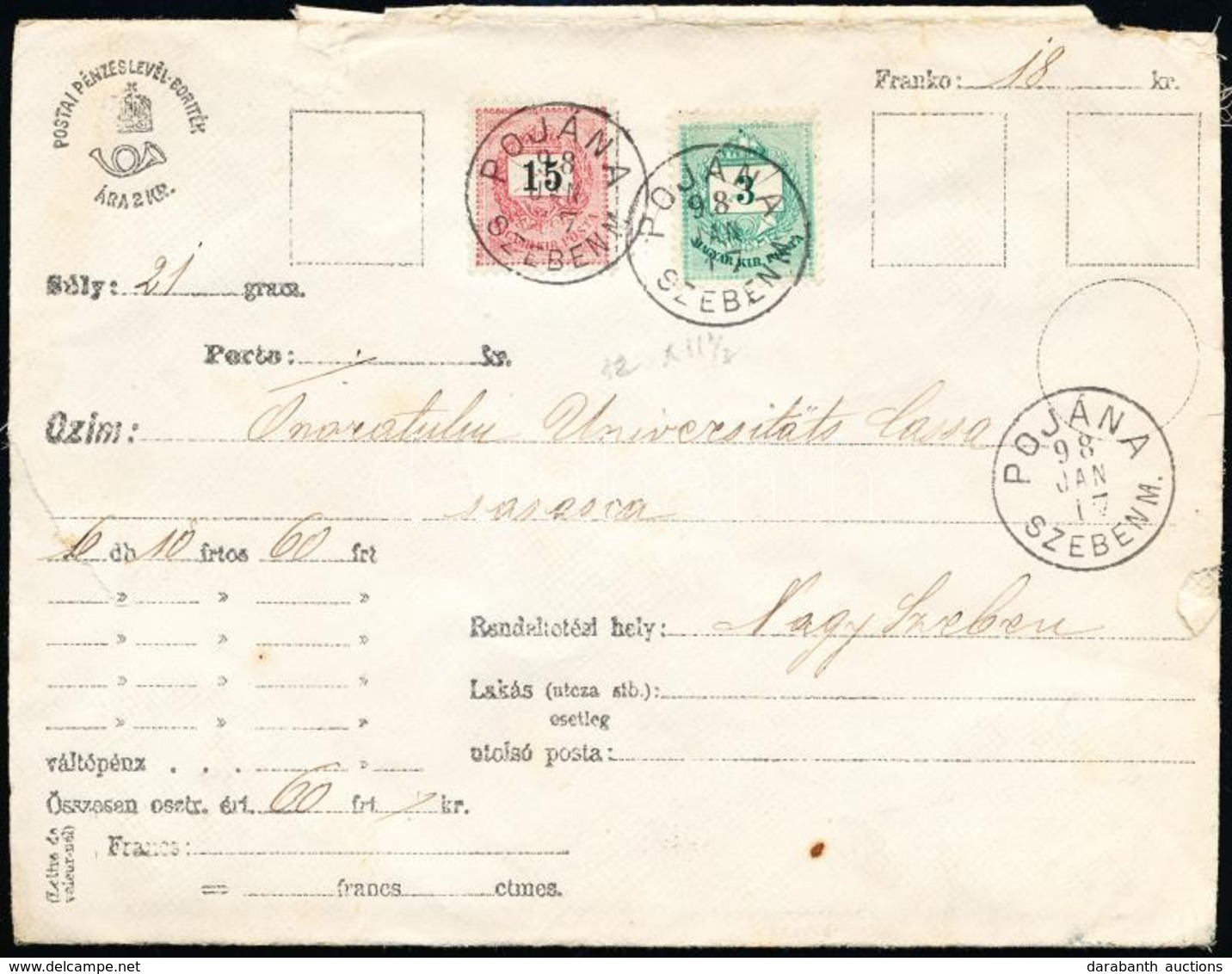 1898 Pénzeslevél 60Ft-ról 18kr Bérmentesítéssel / Insured Cover 'POJÁNA SZEBEN M.' - Nagyszeben - Sonstige & Ohne Zuordnung