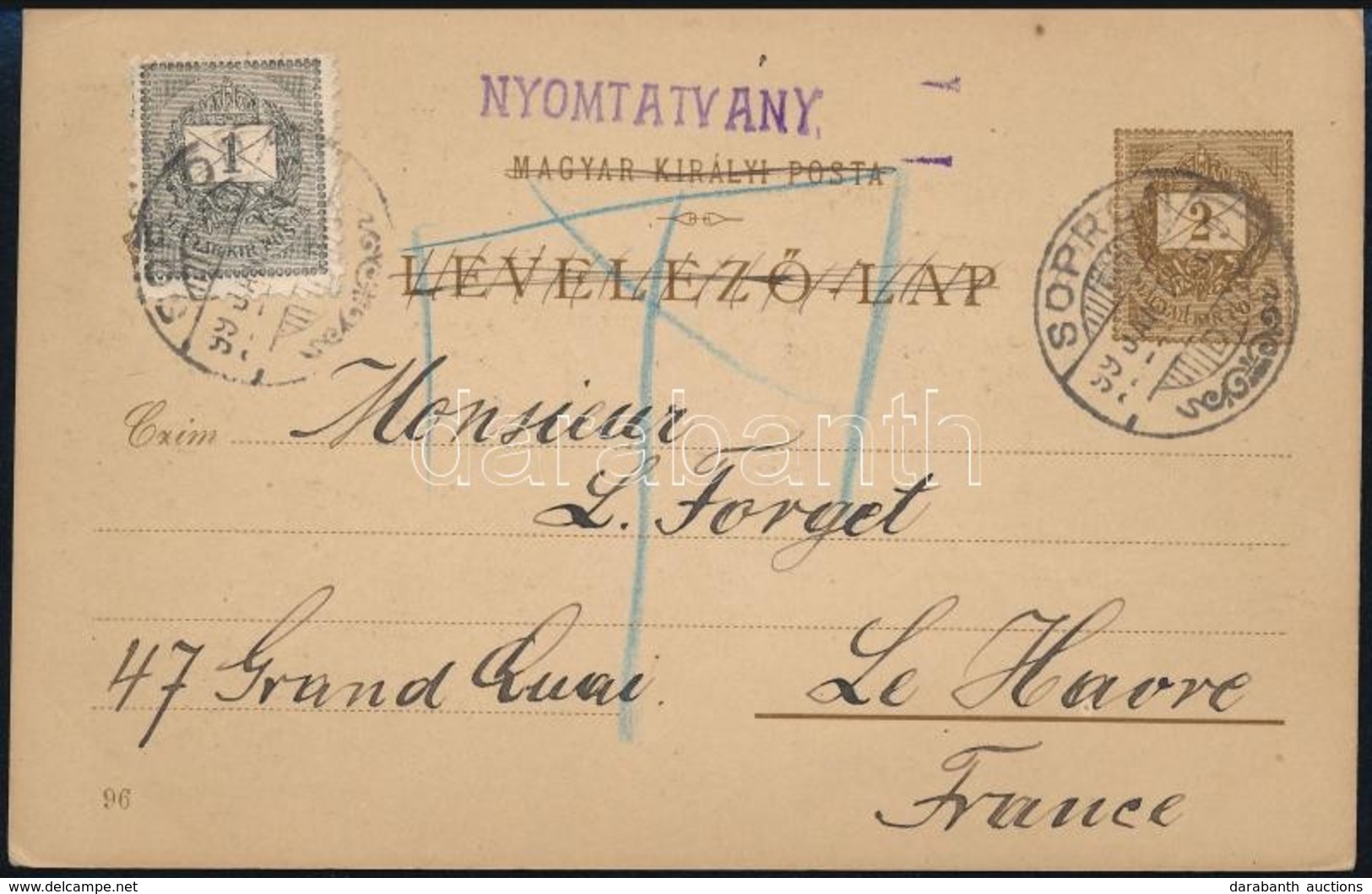 1899 Millenniumi Díjjegyes Levelezőlap 1kr Díjkiegészítéssel Nyomtatványként Küldve Sopronból Franciaországba / PS-card  - Sonstige & Ohne Zuordnung