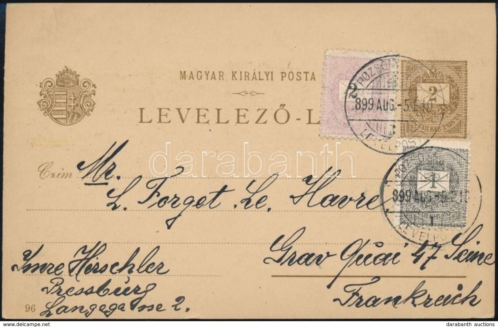 1899 Millenniumi Díjjegyes Levelezőlap 1kr + 2kr Díjkiegészítéssel Pozsonyból Franciaországba / PS-card With 1kr + 2kr A - Sonstige & Ohne Zuordnung