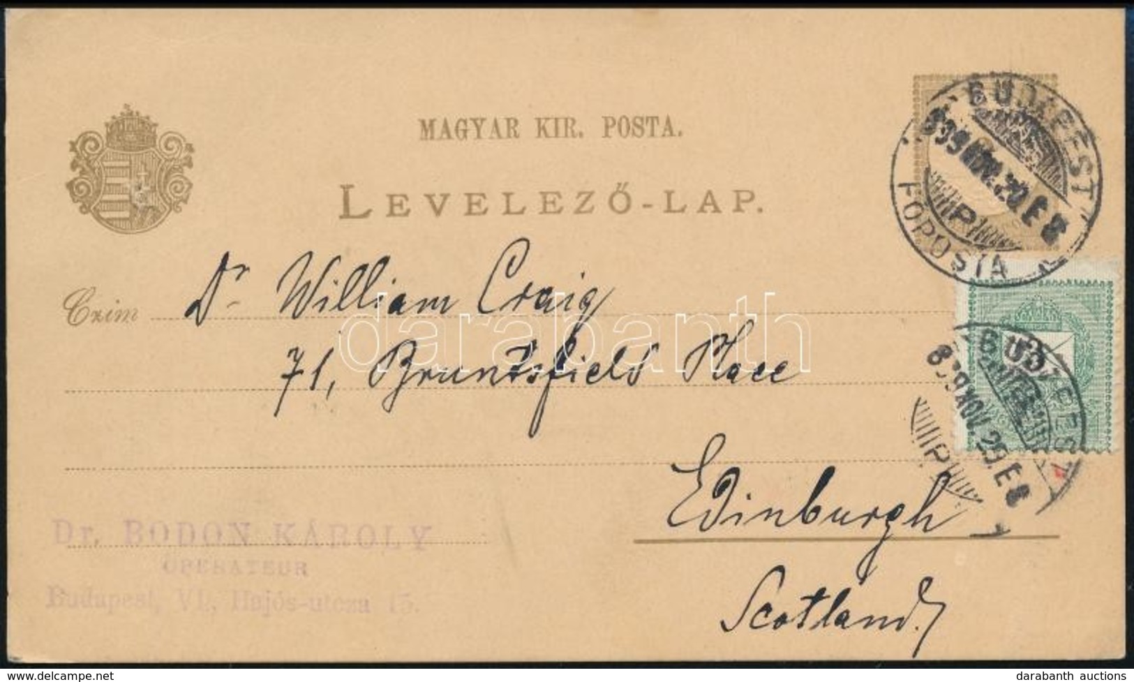 1899 2kr Díjjegyes 3kr Kiegészítéssel Skóciába / Ps-card With Additional Franking To Edinburgh - Sonstige & Ohne Zuordnung