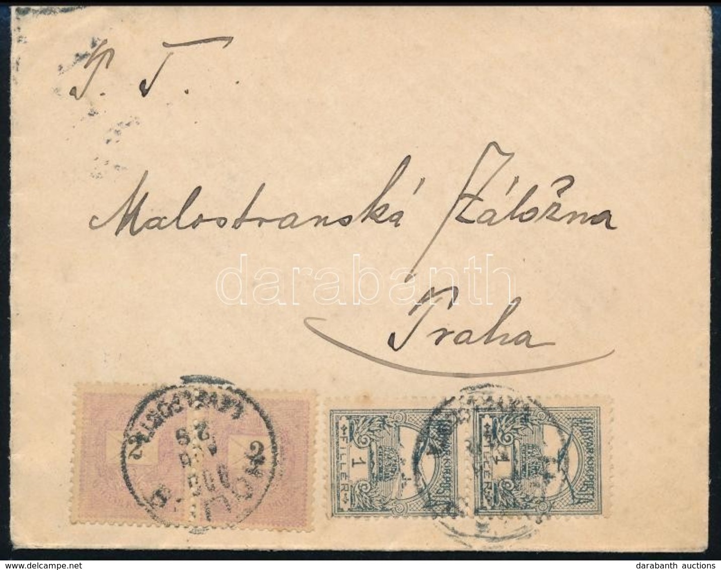 1900 Feketeszámú 2 X 2kr és Turul 2 X 1f Vegyes Bérmentesítésű Levél Prágába / 2 X 2kr And 2 X 1f Mixed Franking On Cove - Autres & Non Classés